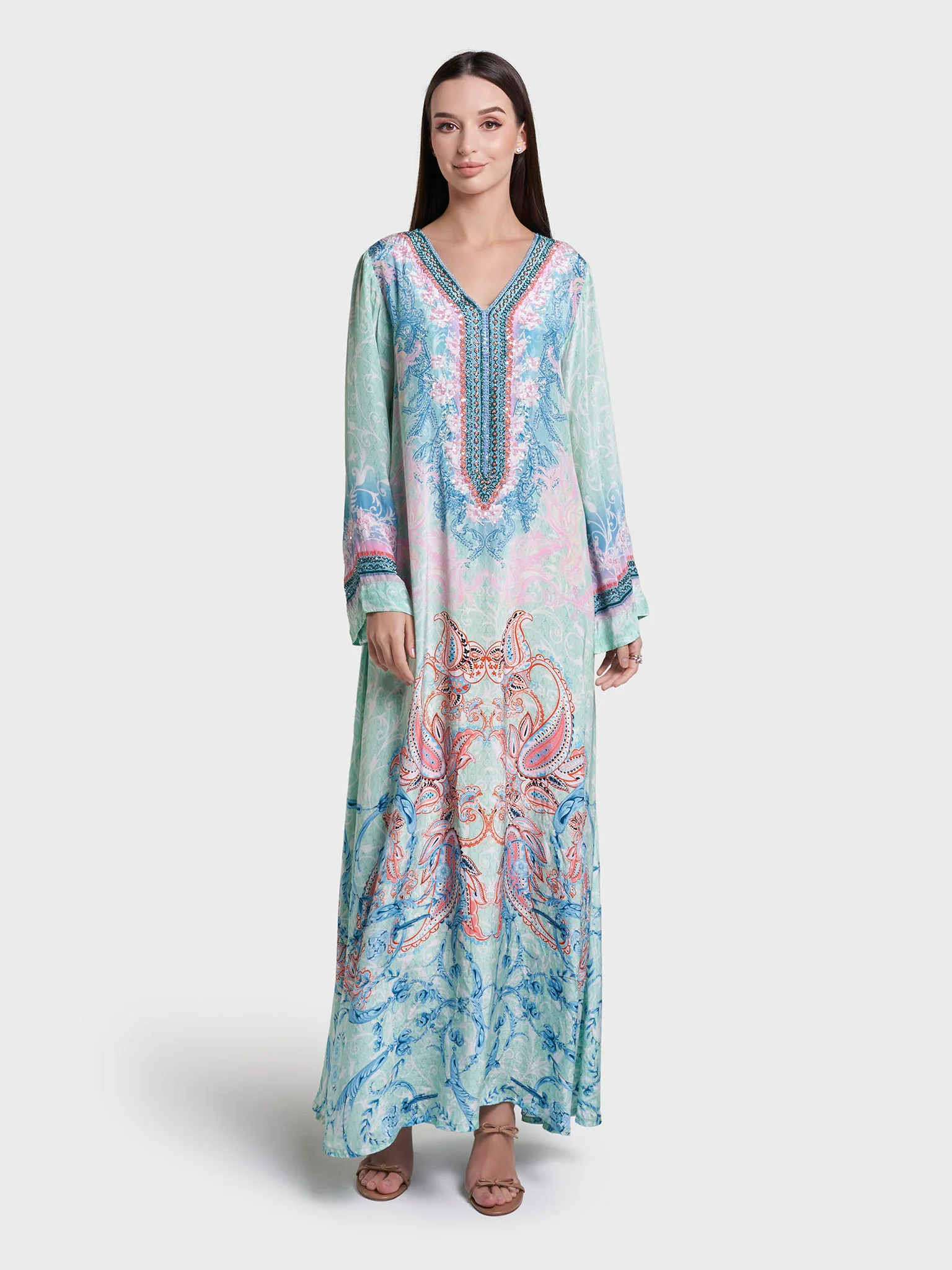 Mint Green Paisley Print Hand Work Viscose Crepe Jalabiya (VDC83) - Image 2