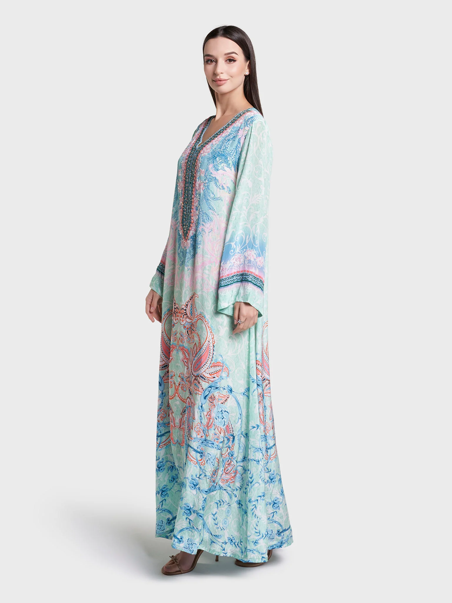 Mint Green Paisley Print Hand Work Viscose Crepe Jalabiya (VDC83) - Image 3