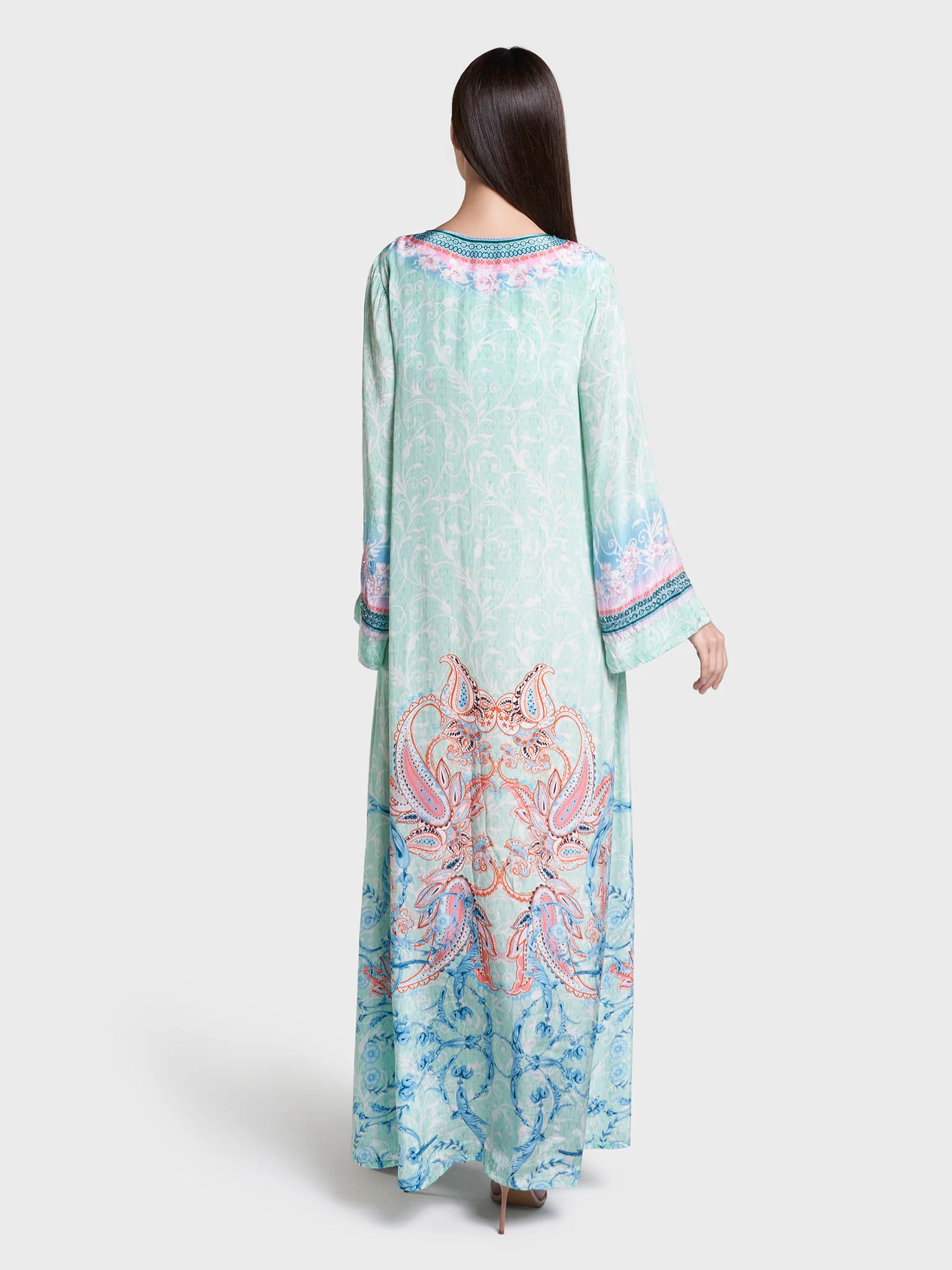 Mint Green Paisley Print Hand Work Viscose Crepe Jalabiya (VDC83) - Image 4