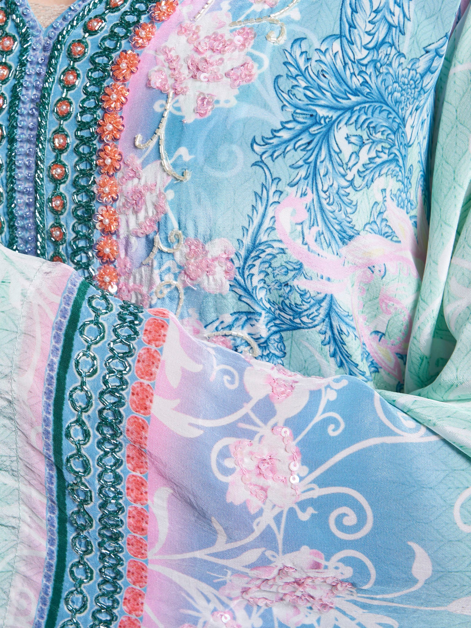 Mint Green Paisley Print Hand Work Viscose Crepe Jalabiya (VDC83) - Image 5