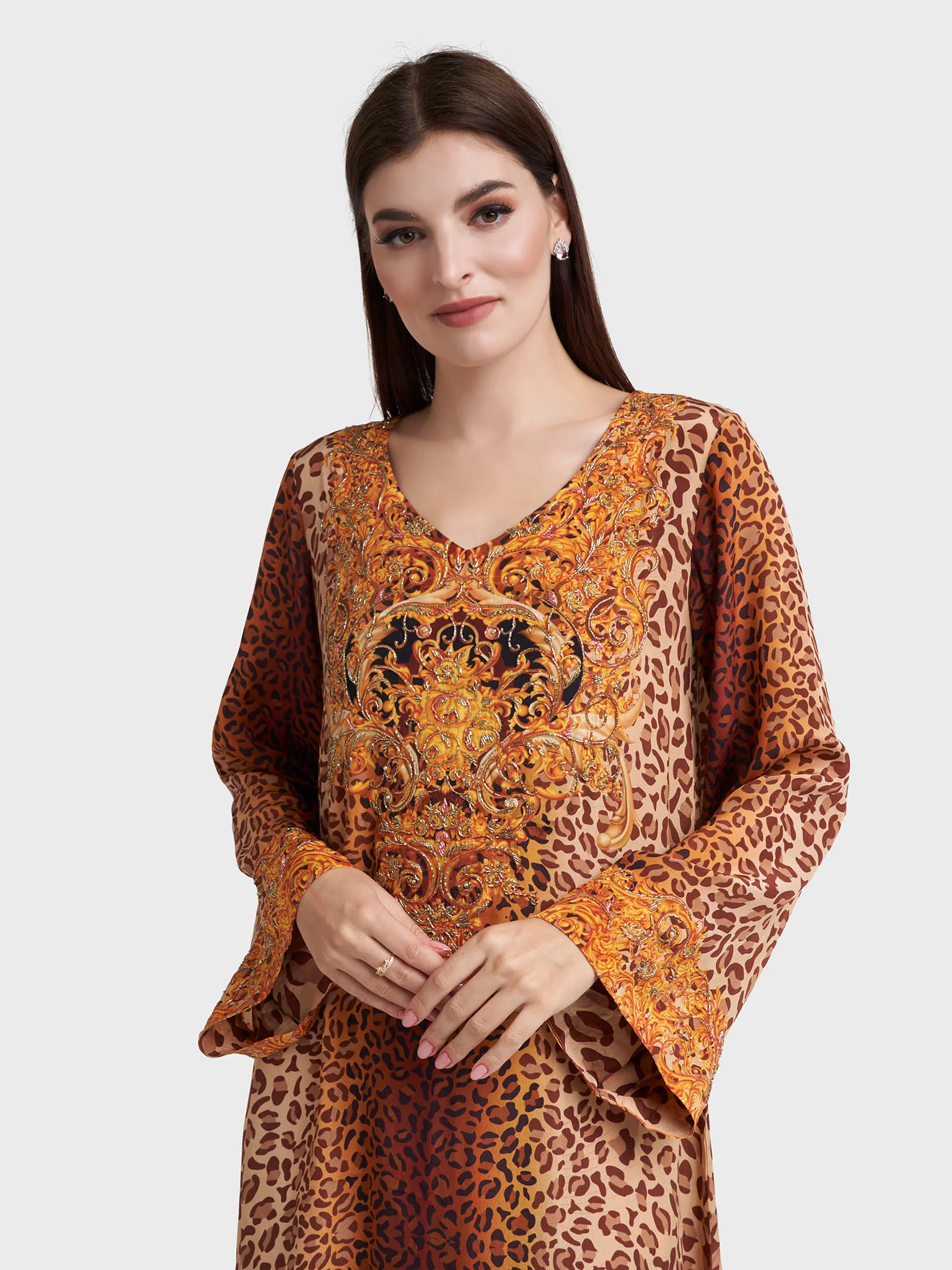Brown Viscose Crepe Leopard Print Jalabiya (VDE389)