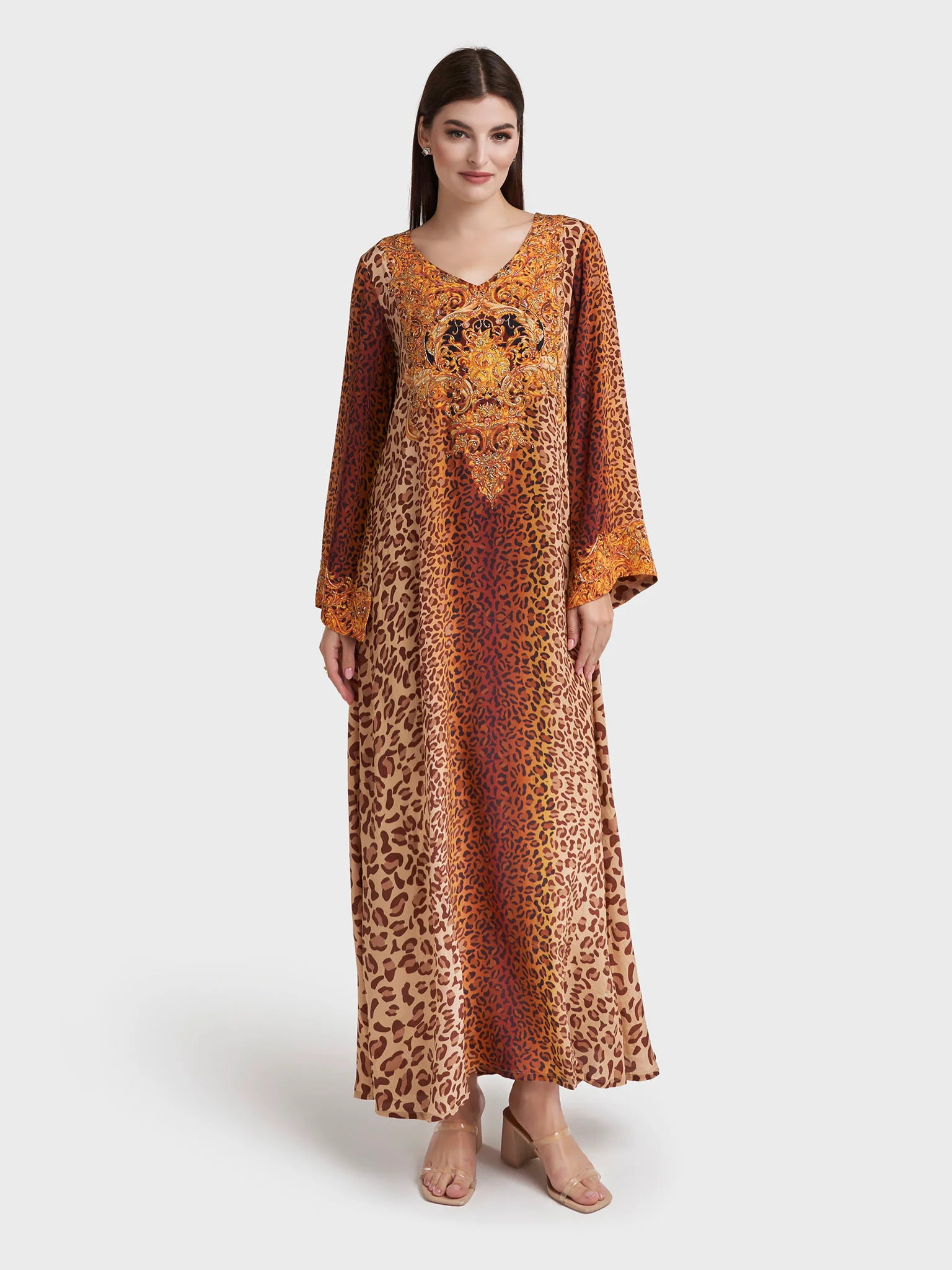 Brown Viscose Crepe Leopard Print Jalabiya (VDE389) - Image 2
