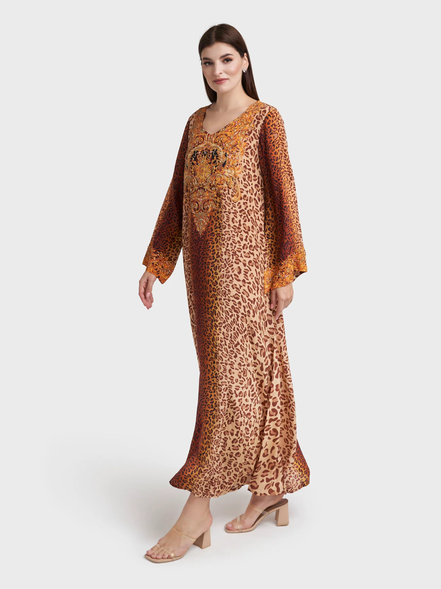 Brown Viscose Crepe Leopard Print Jalabiya (VDE389) - Image 3