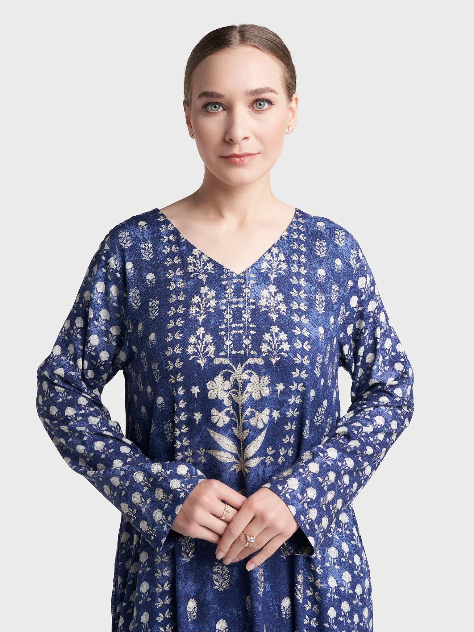 Navy Blue Colour Stone Work Rayon Damask Printed Jalabiya (VDM918)