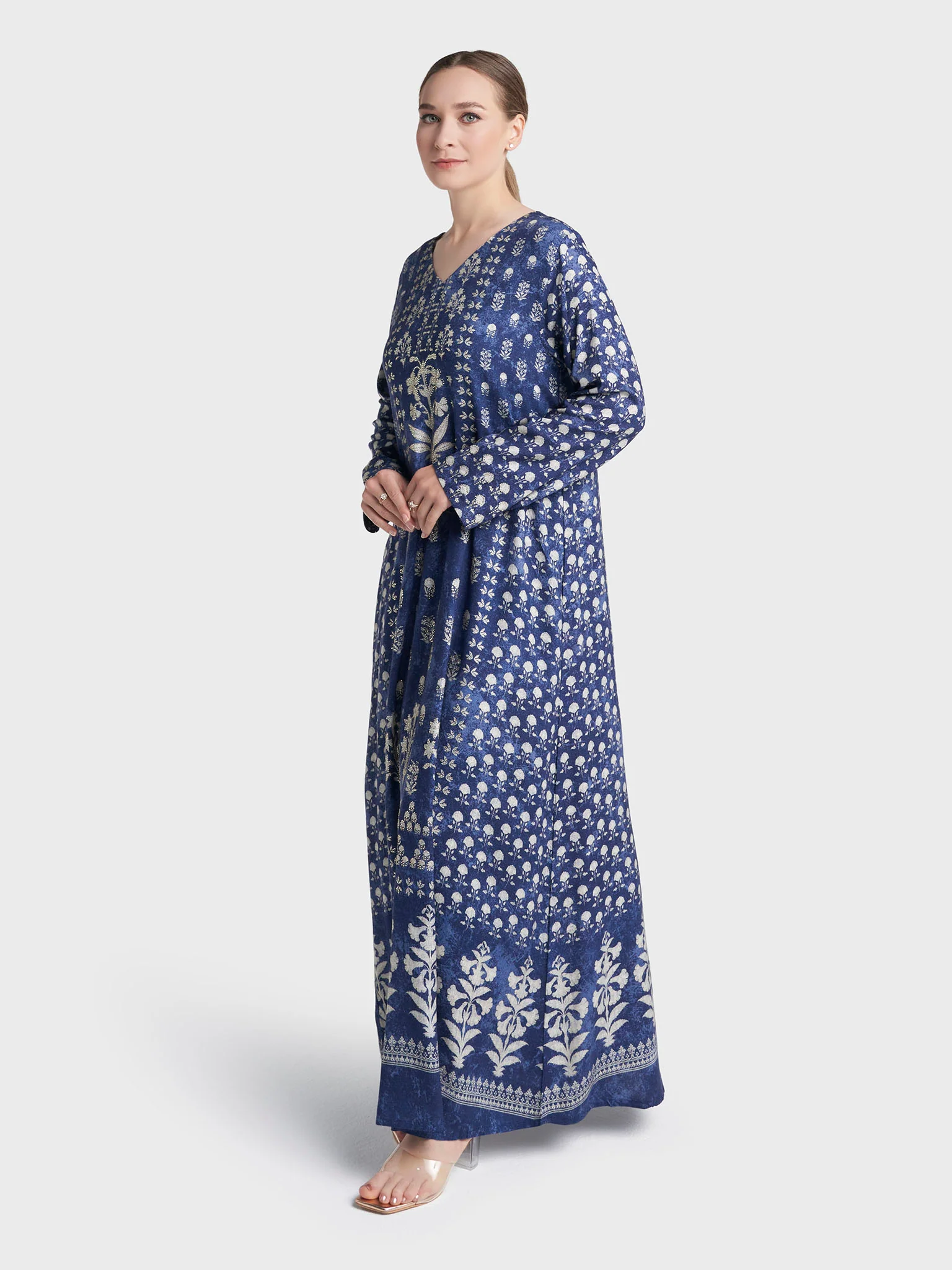 Navy Blue Colour Stone Work Rayon Damask Printed Jalabiya (VDM918) - Image 3