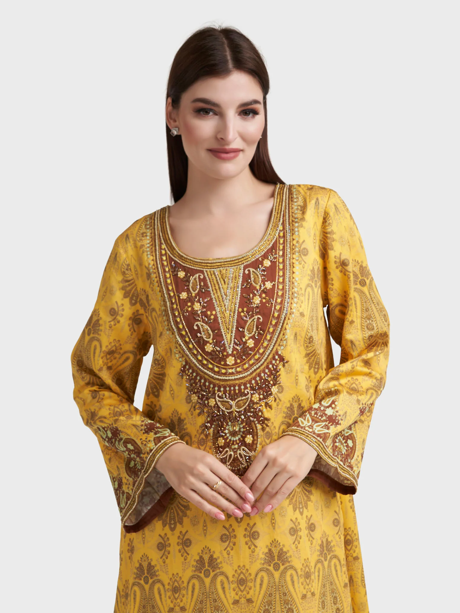 Yellow Cotton Satin Paisley Print Handwork Jalabiya (VDU847)