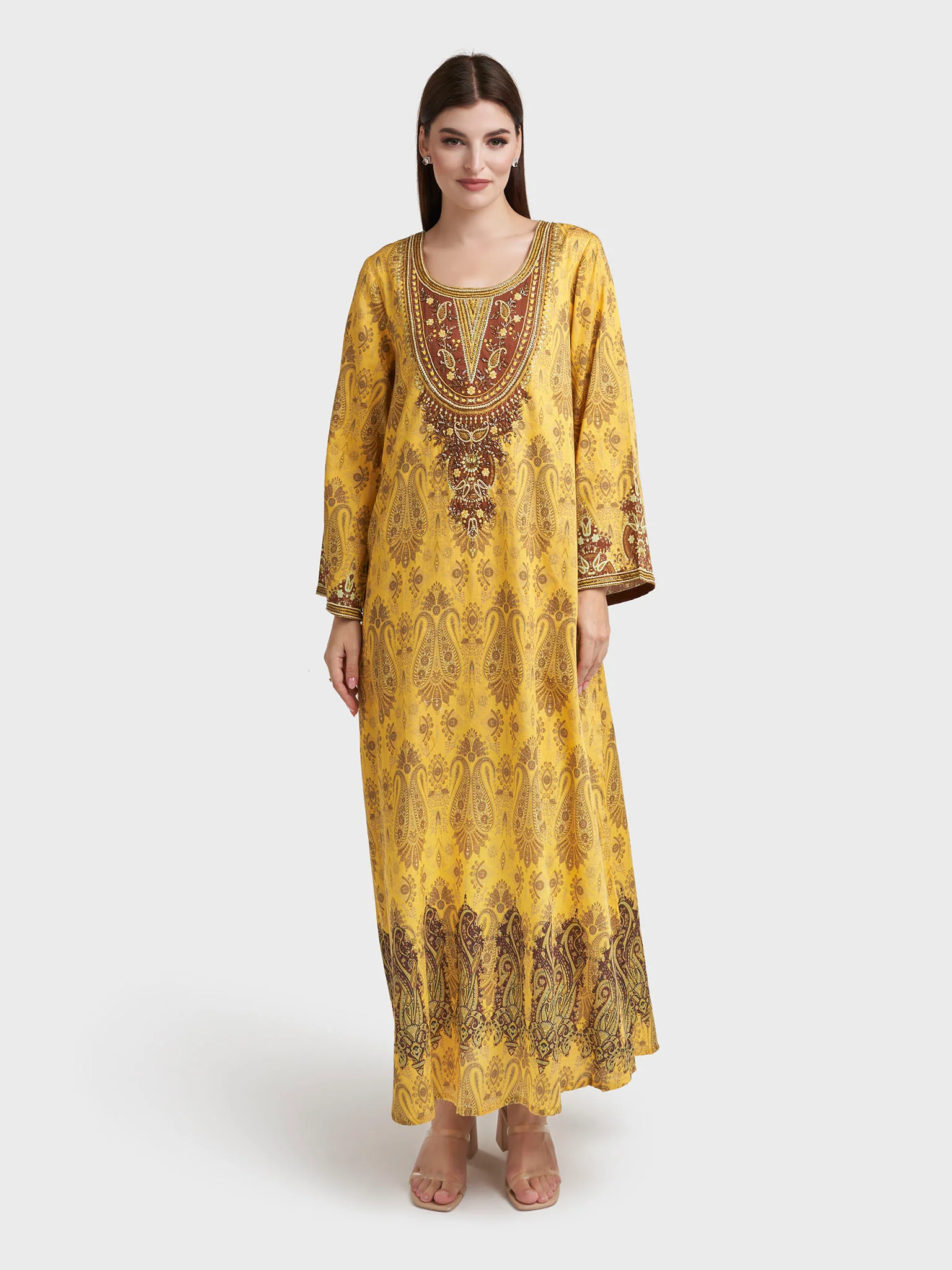 Yellow Cotton Satin Paisley Print Handwork Jalabiya (VDU847) - Image 2