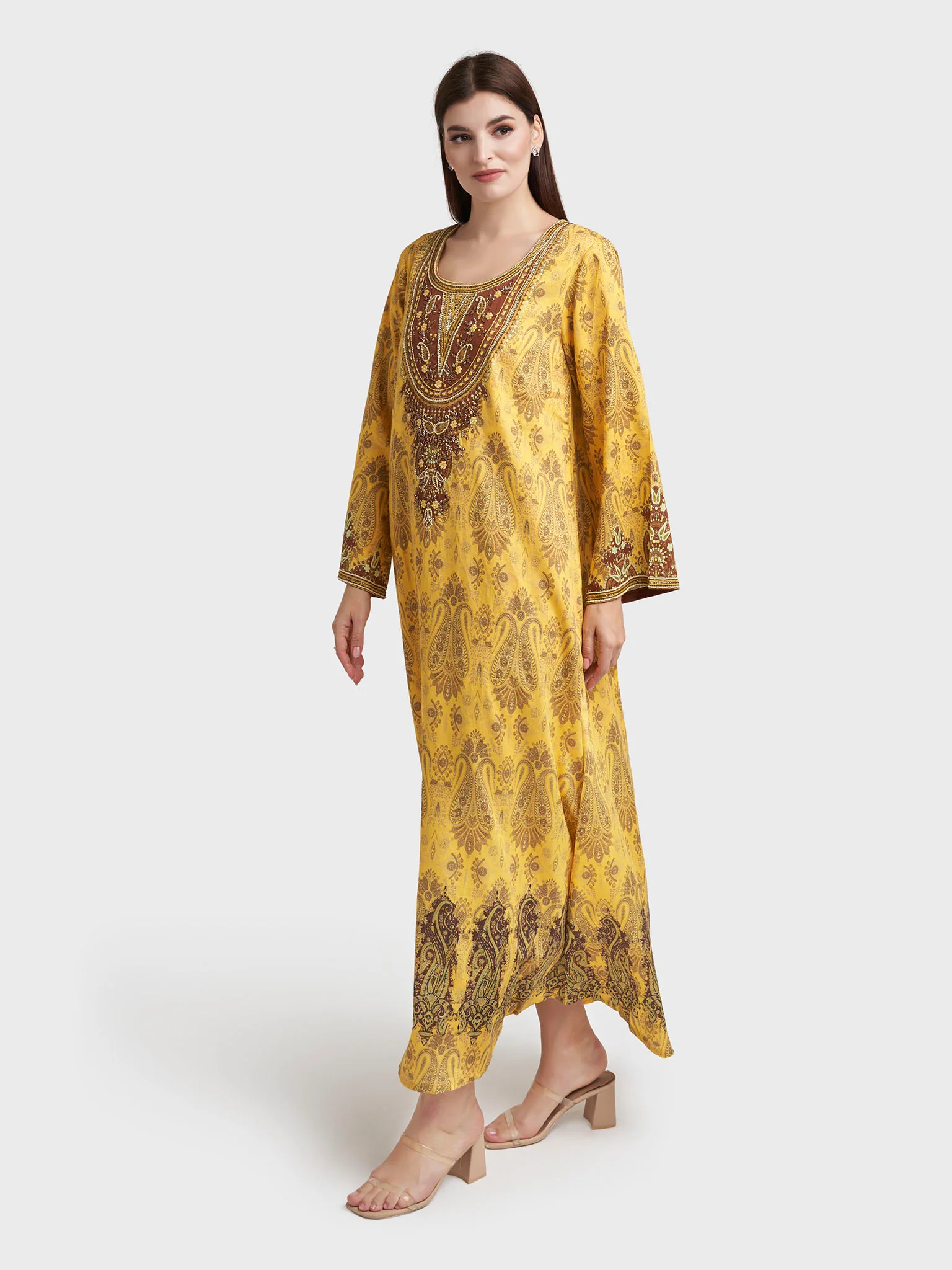 Yellow Cotton Satin Paisley Print Handwork Jalabiya (VDU847) - Image 3