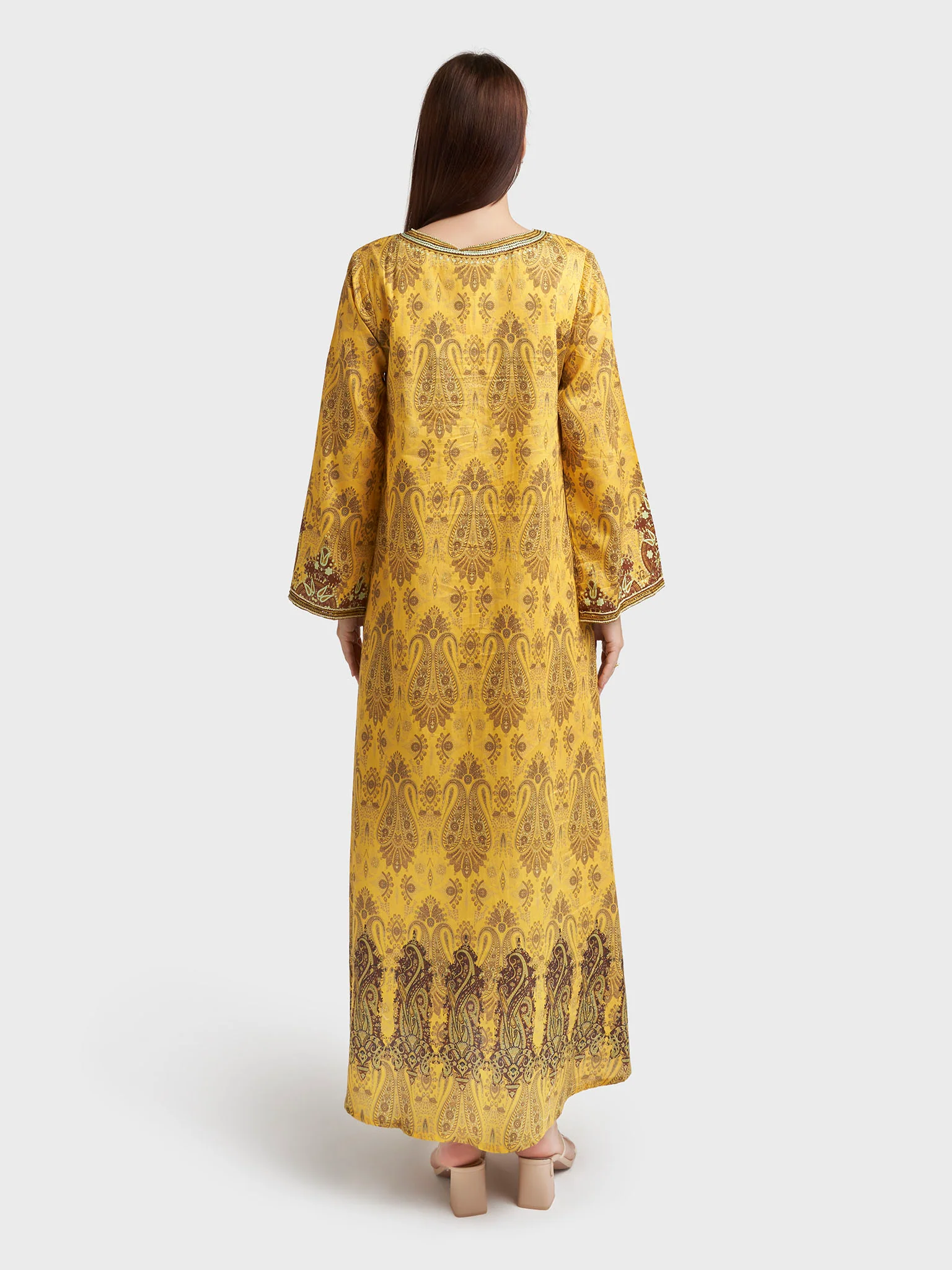 Yellow Cotton Satin Paisley Print Handwork Jalabiya (VDU847) - Image 4