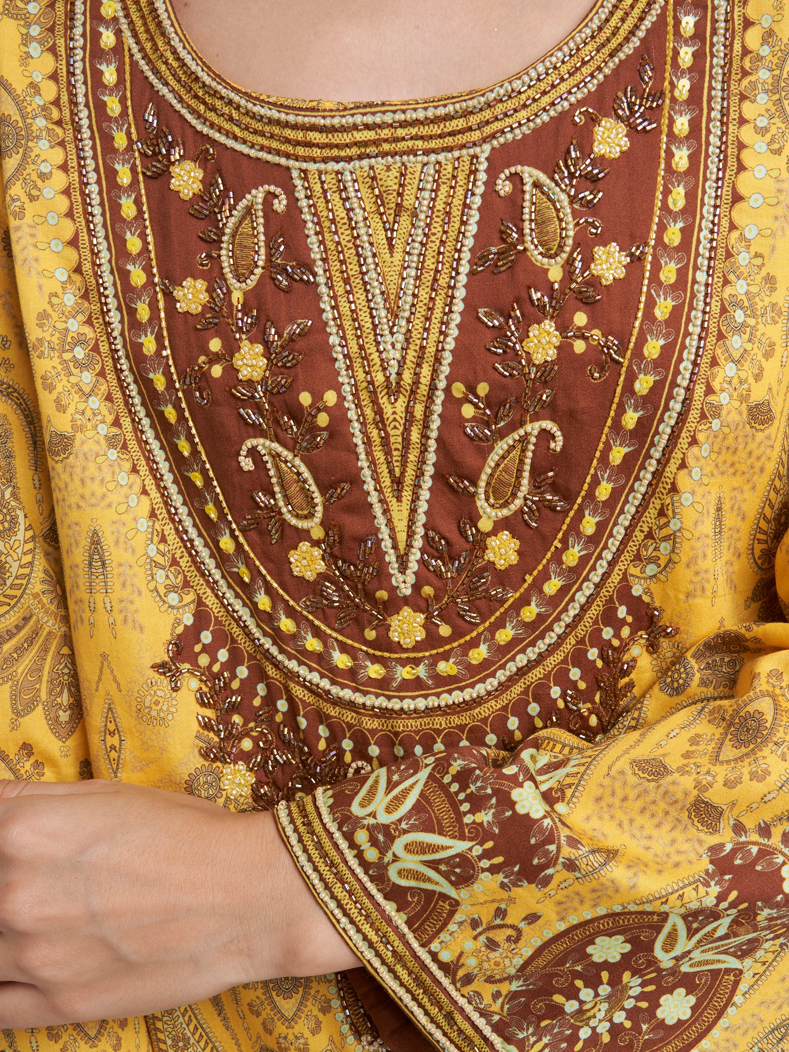 Yellow Cotton Satin Paisley Print Handwork Jalabiya (VDU847) - Image 5