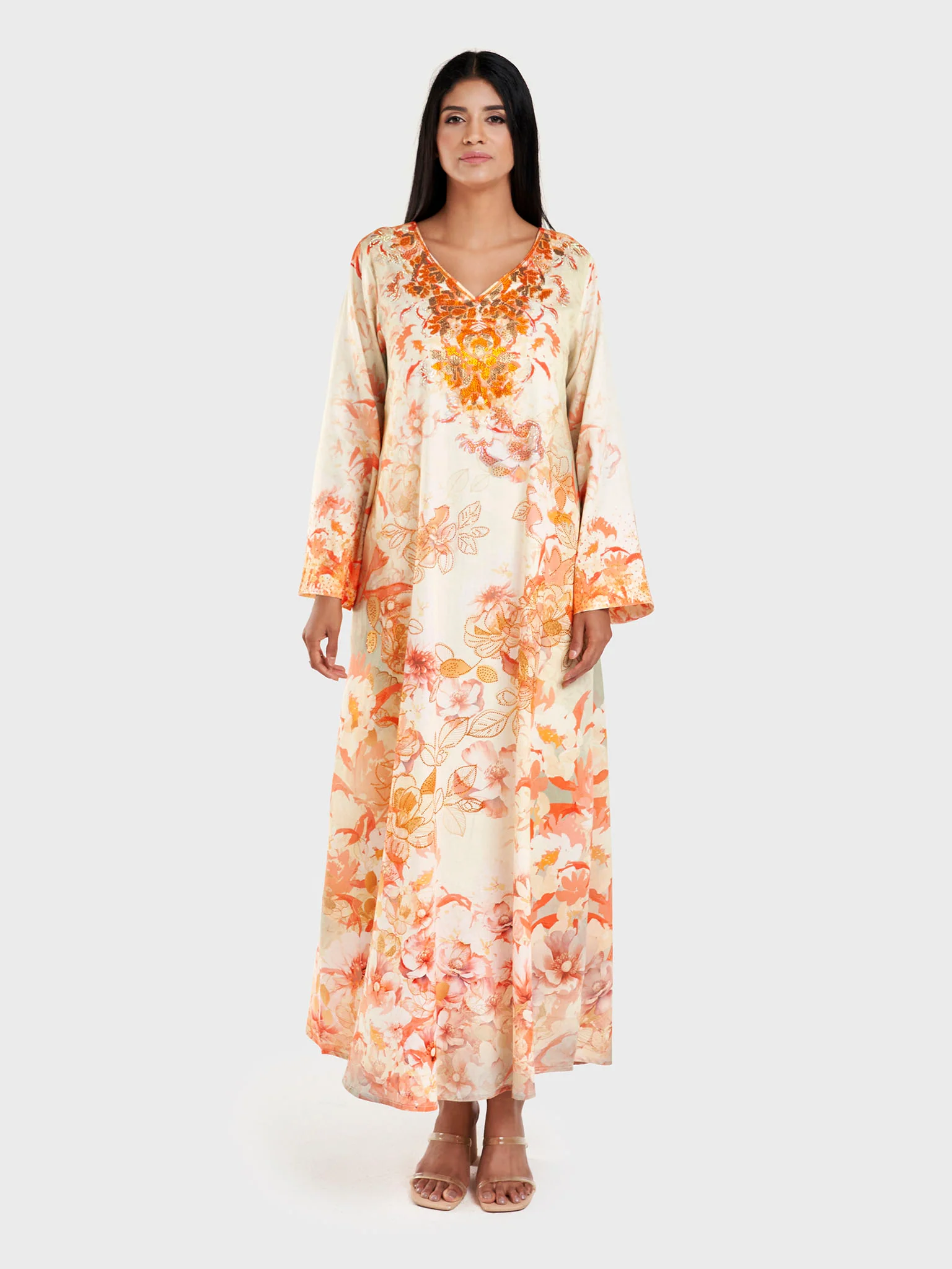Orange Cotton Satin Floral Print Mukhawar Jalabiya (VDX05) - Image 3