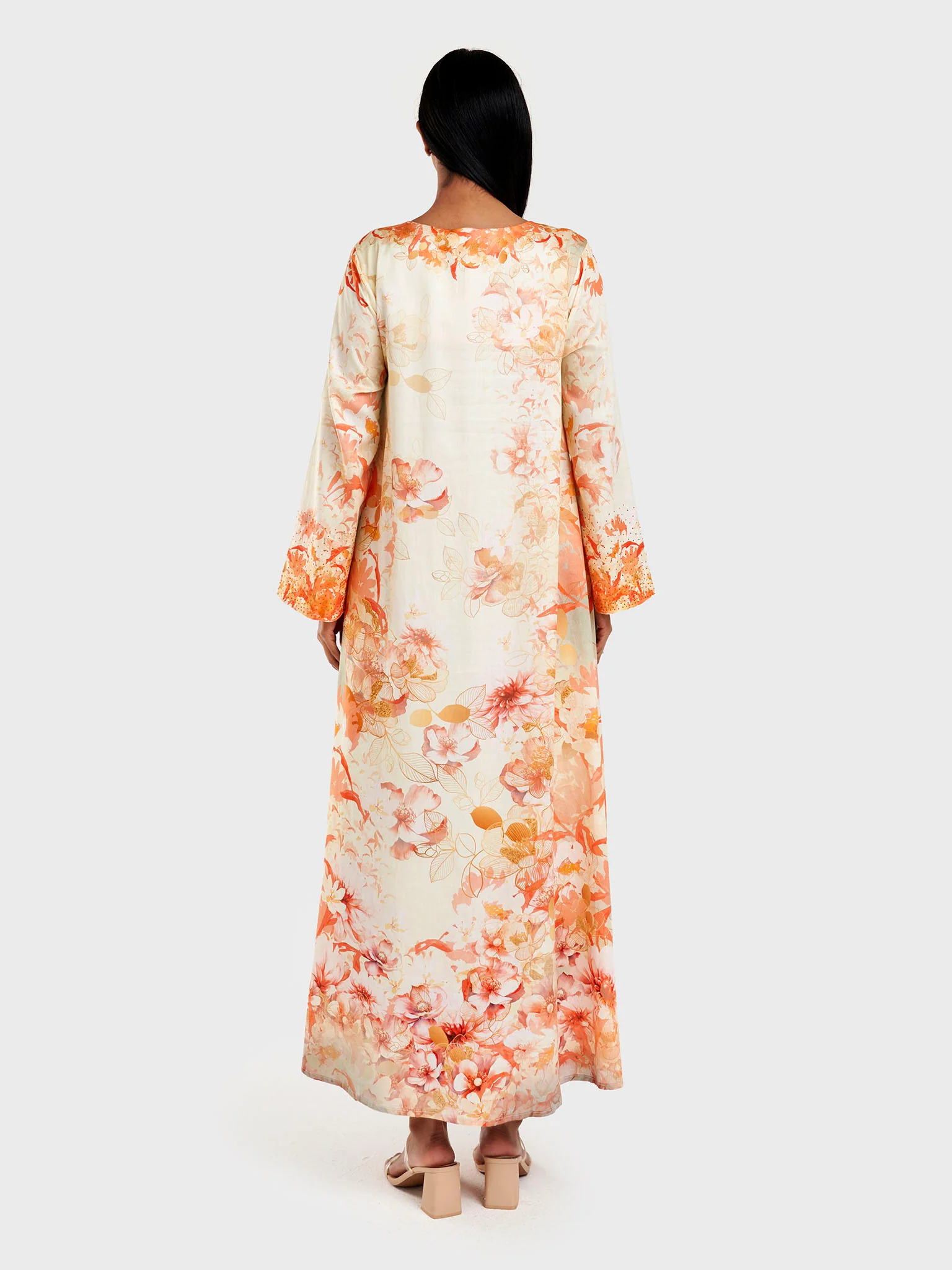 Orange Cotton Satin Floral Print Mukhawar Jalabiya (VDX05) - Image 4