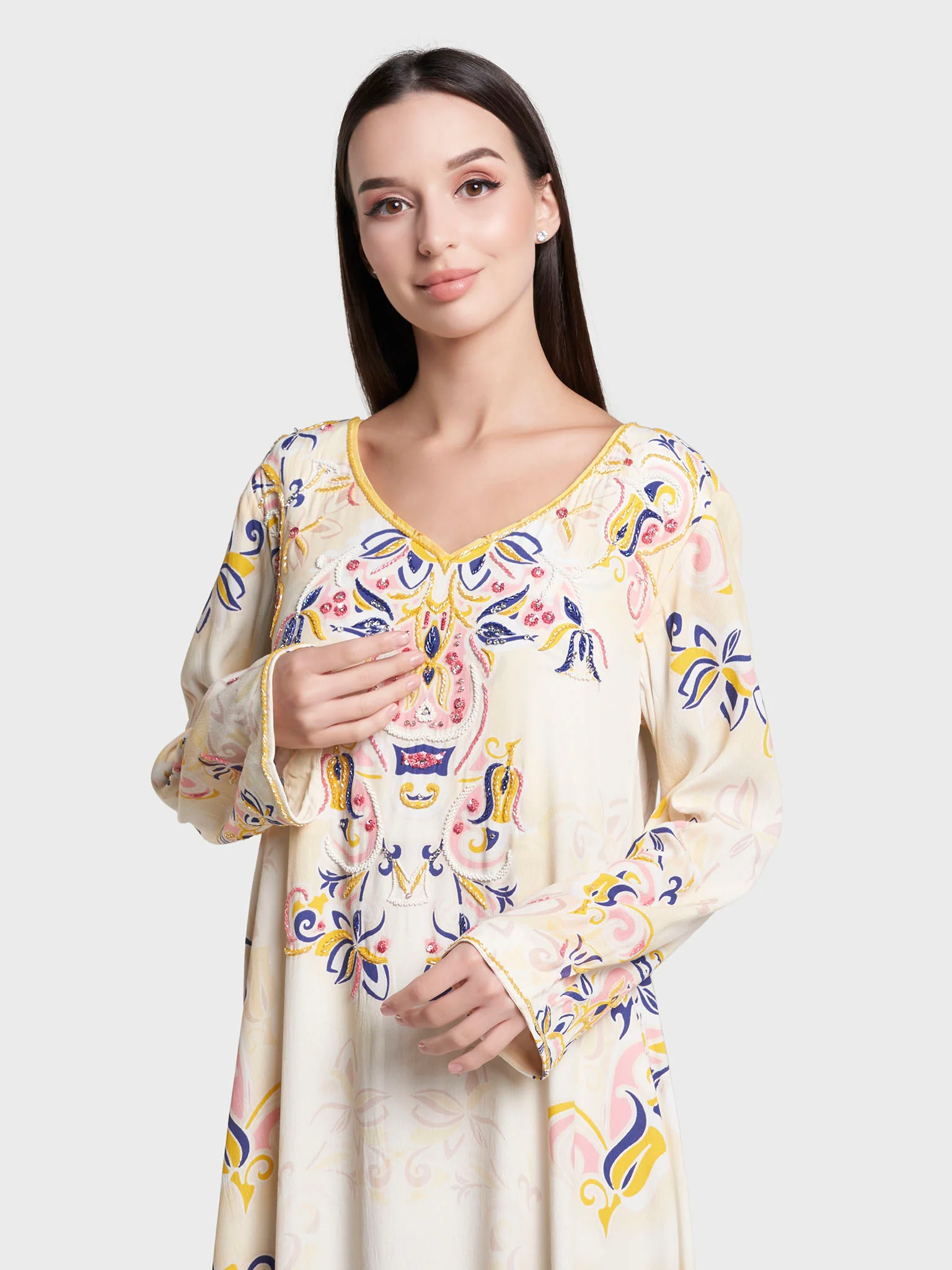Butter Floral Print Hand Work Viscose Crepe Jalabiya (VDX07)