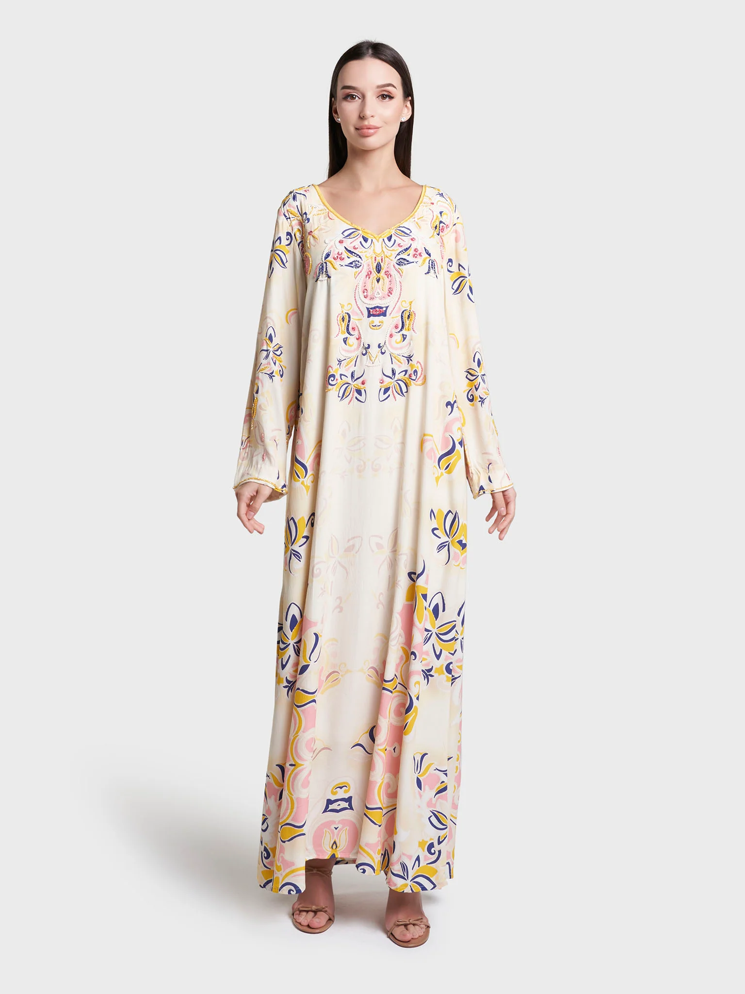 Butter Floral Print Hand Work Viscose Crepe Jalabiya (VDX07) - Image 2