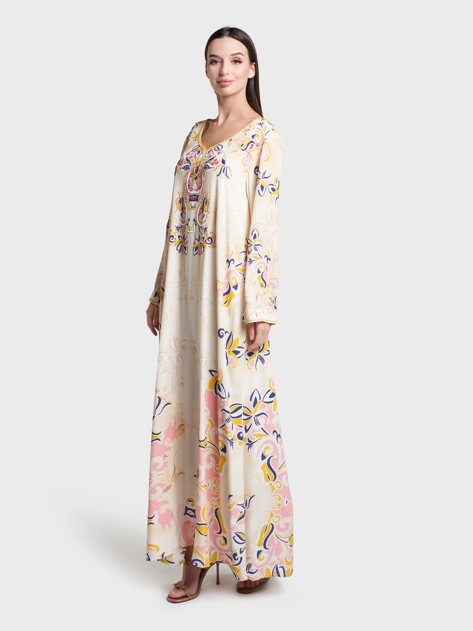 Butter Floral Print Hand Work Viscose Crepe Jalabiya (VDX07) - Image 3