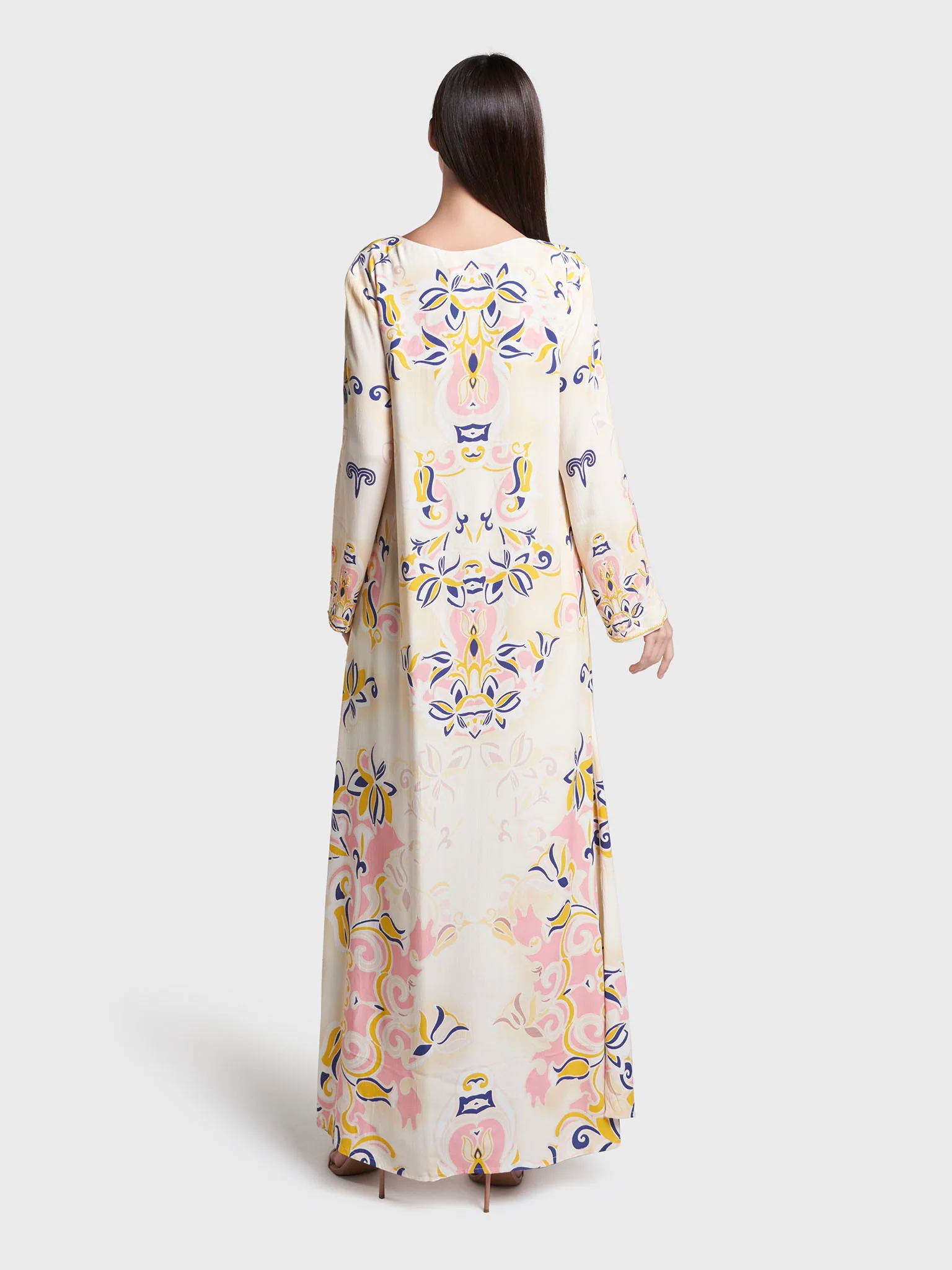 Butter Floral Print Hand Work Viscose Crepe Jalabiya (VDX07) - Image 4