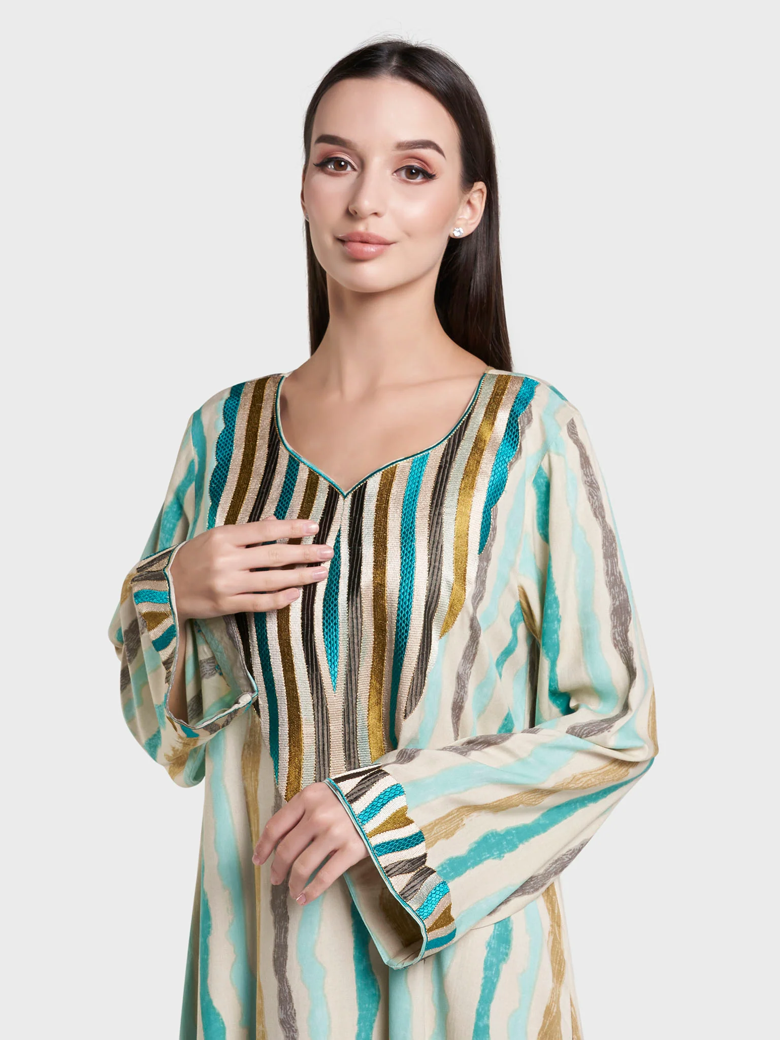 Khaki Abstract Print Embroidered Rayon Jalabiya (VG2957)