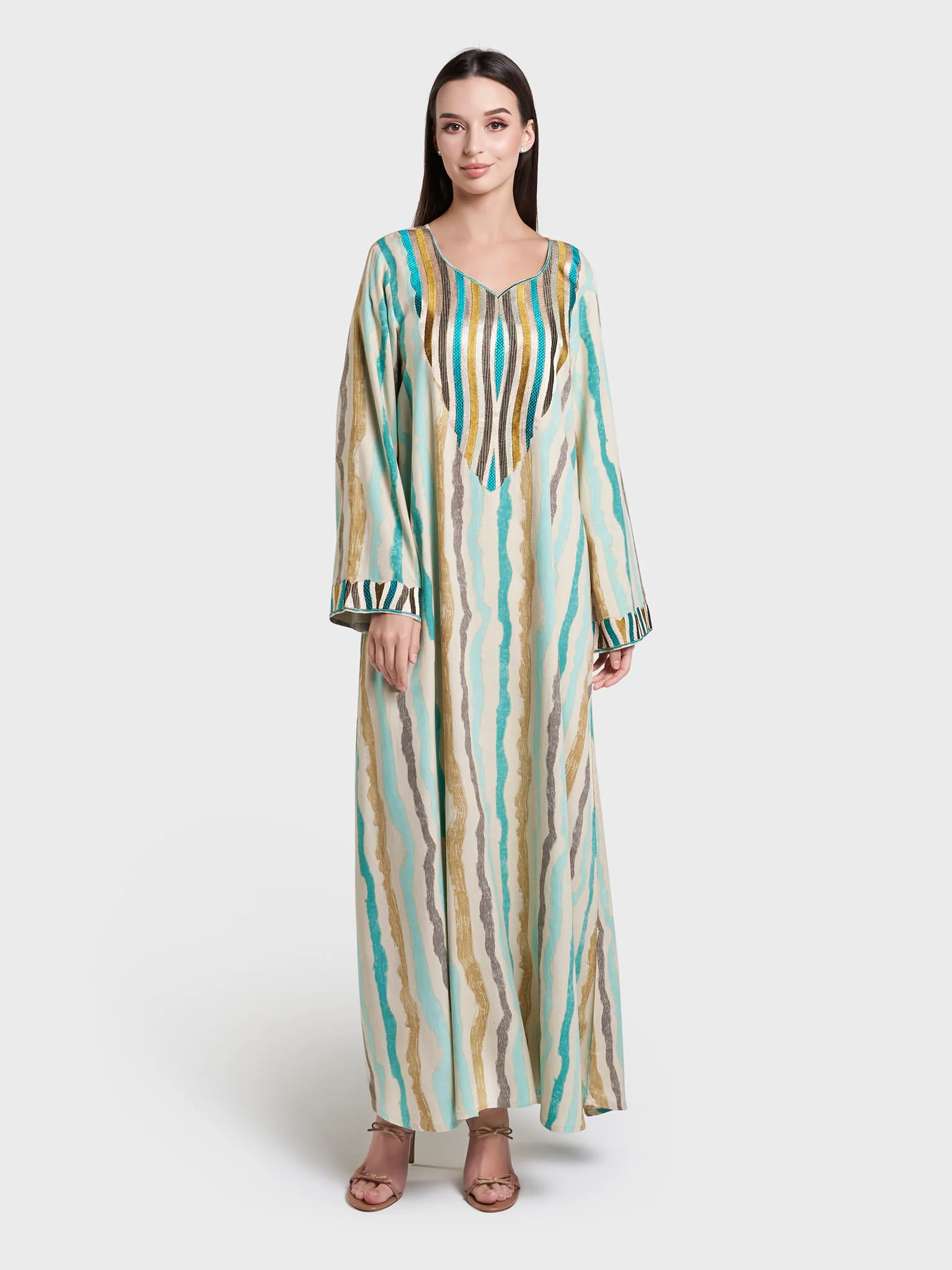 Khaki Abstract Print Embroidered Rayon Jalabiya (VG2957) - Image 2