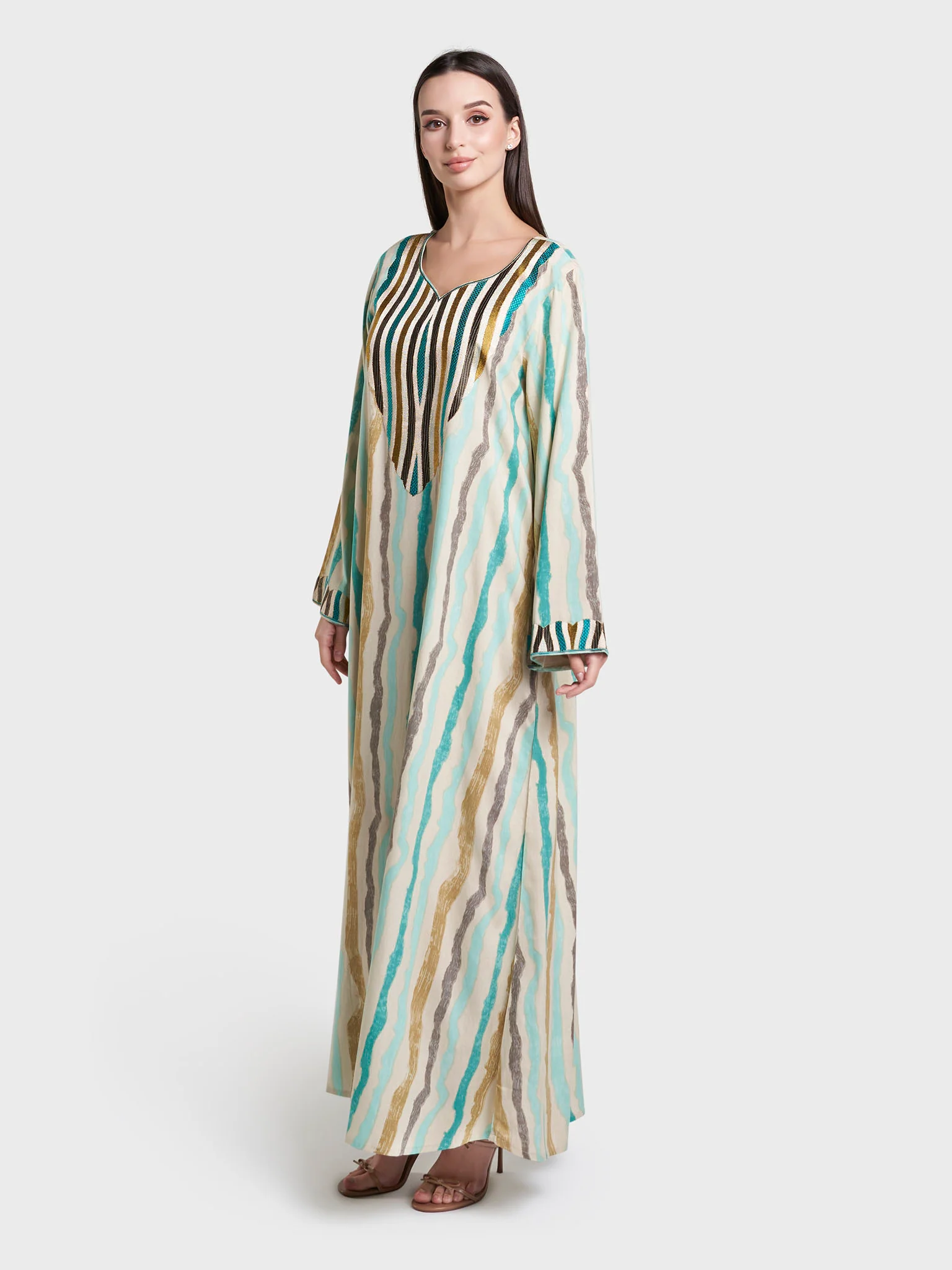 Khaki Abstract Print Embroidered Rayon Jalabiya (VG2957) - Image 3