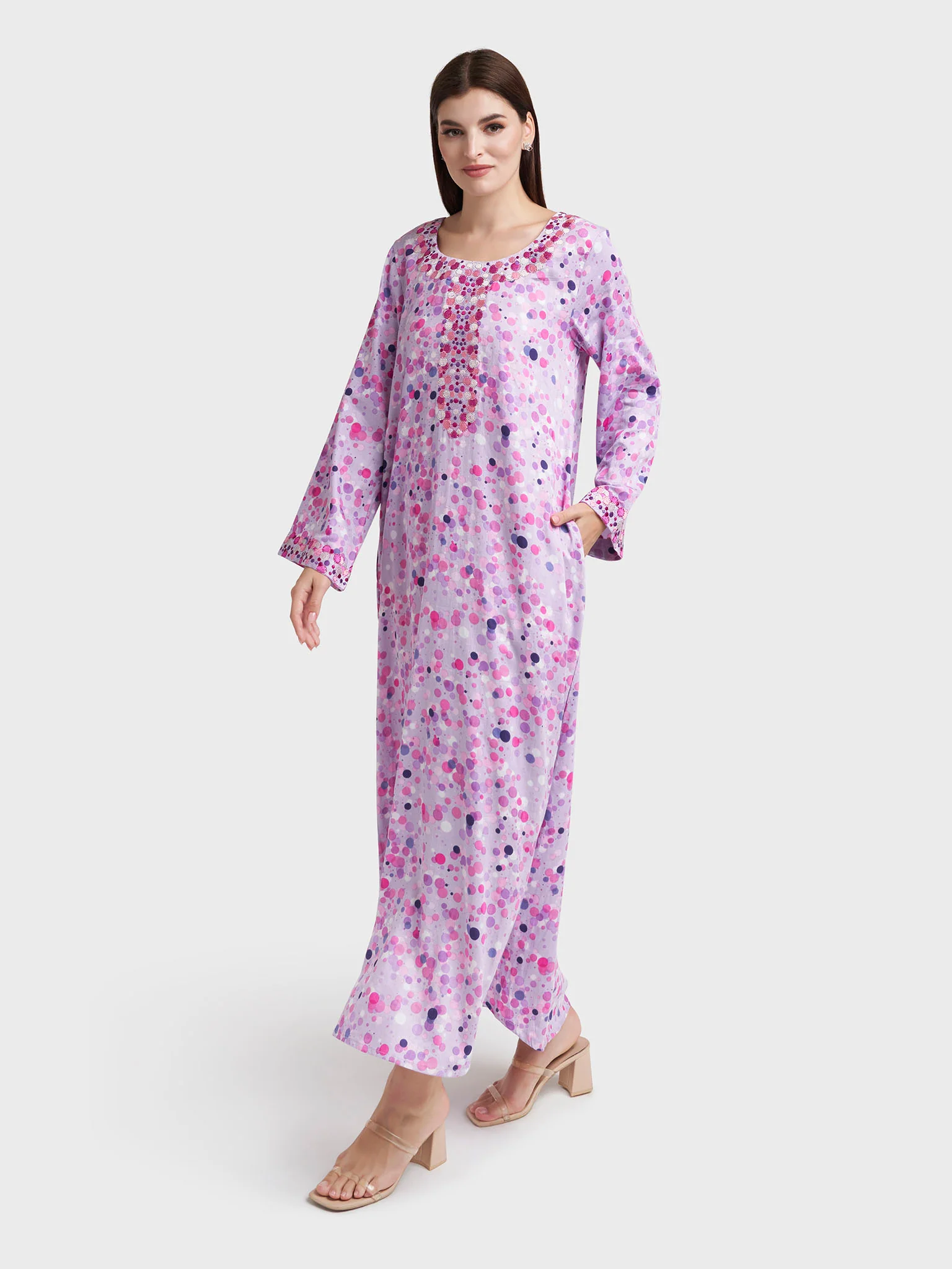 Lavender Cotton Satin Polka Dot Print Jalabiya (VG2965) - Image 3