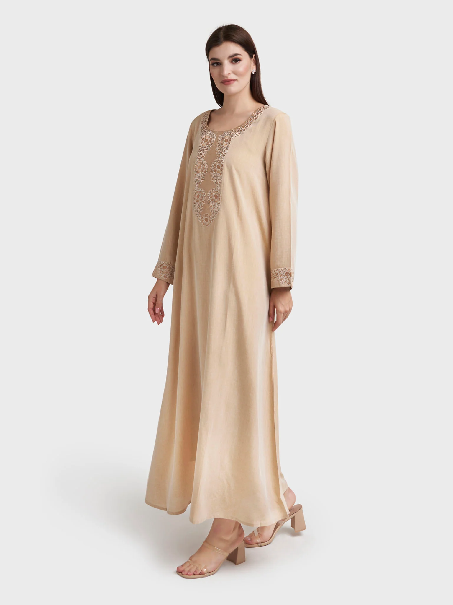 Beige Colour Machine Embroidered Jalabiya (VG2968) - Image 3