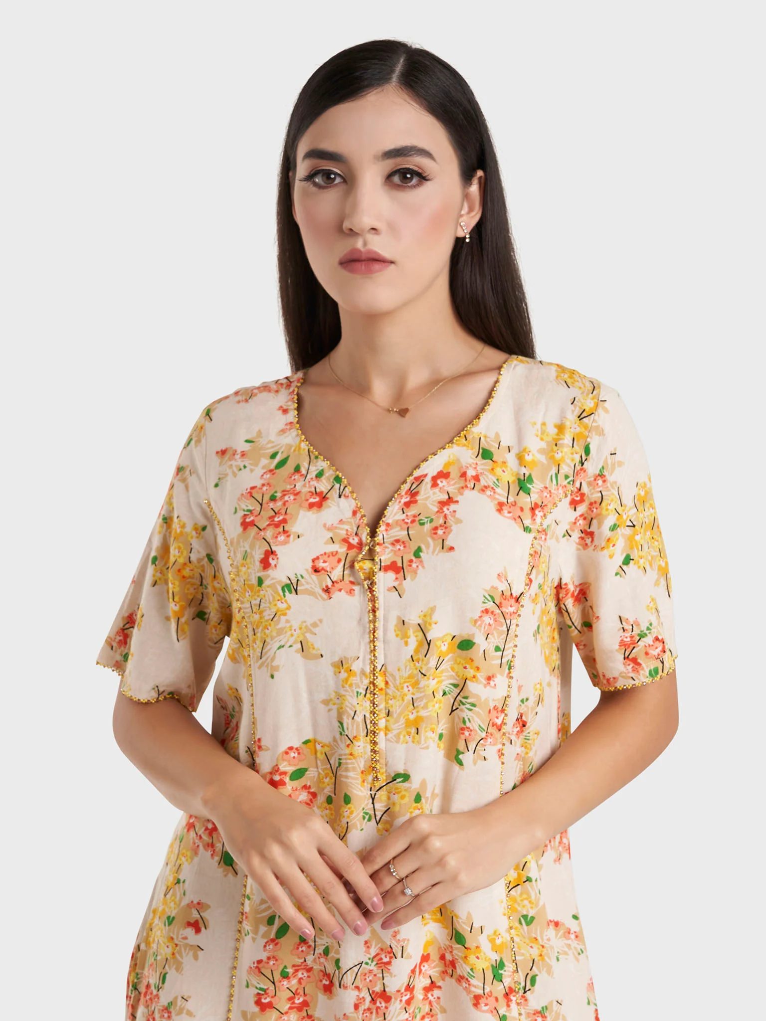 Yellow Floral Print Rayon Jalabiya (VG2979)