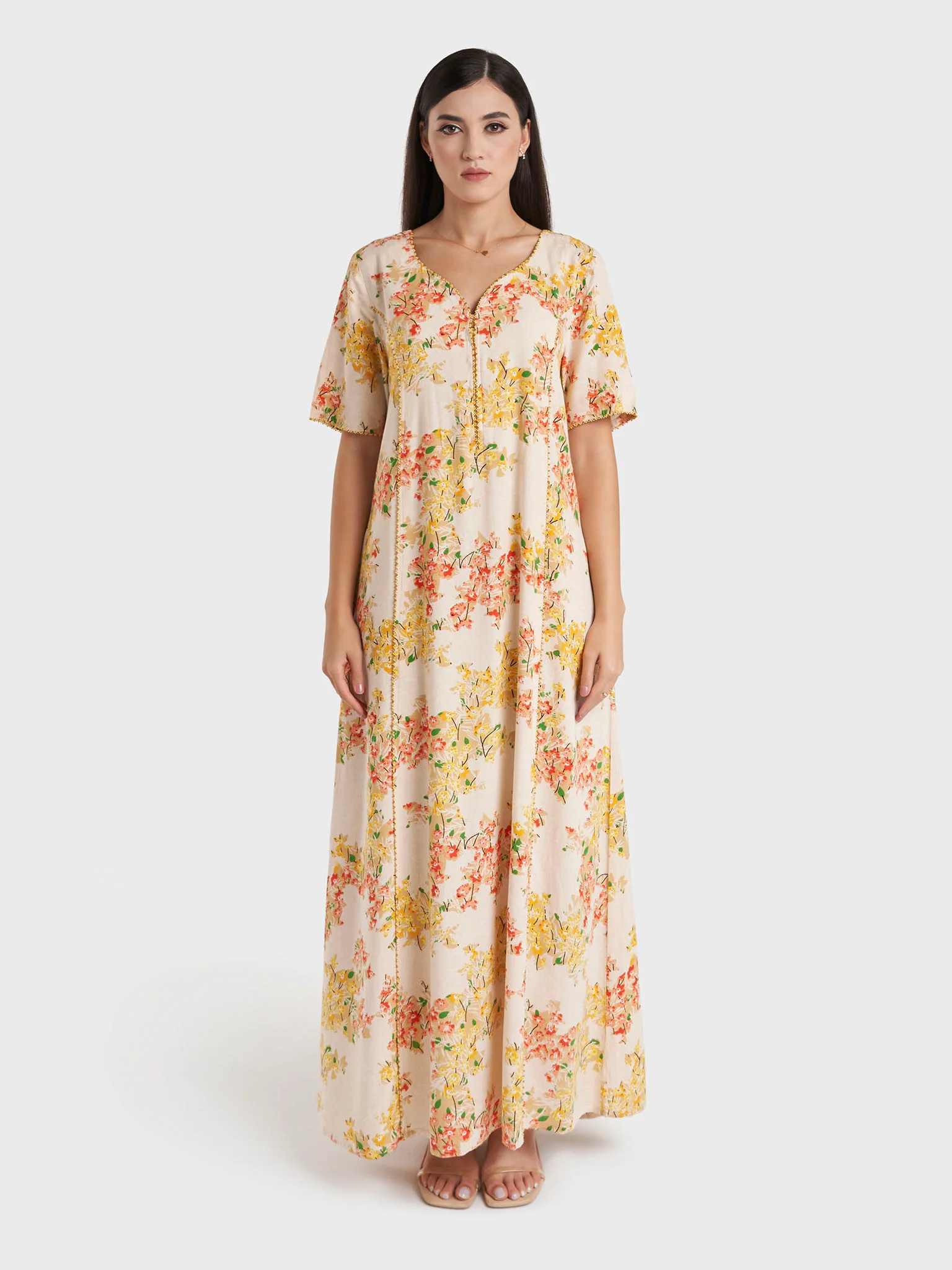 Yellow Floral Print Rayon Jalabiya (VG2979) - Image 2
