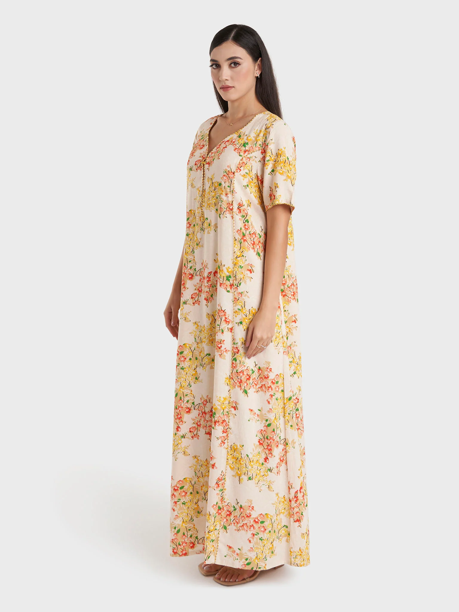 Yellow Floral Print Rayon Jalabiya (VG2979) - Image 3