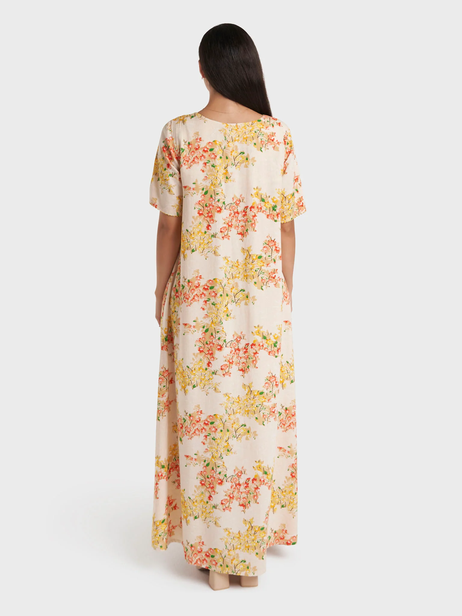 Yellow Floral Print Rayon Jalabiya (VG2979) - Image 4