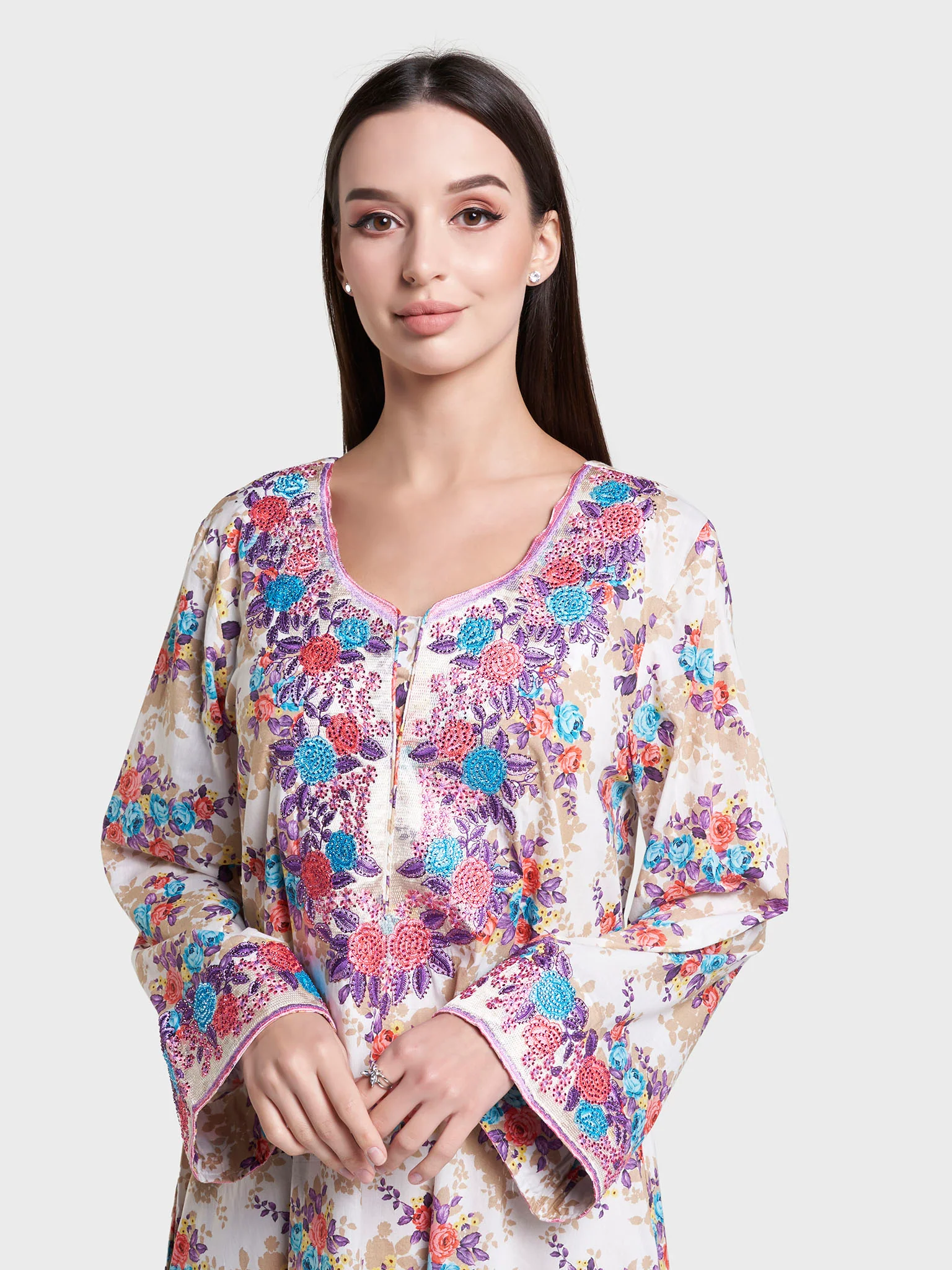 Liberty Cotton Olive Floral Print Mukhawar Jalabiya (VG2988)