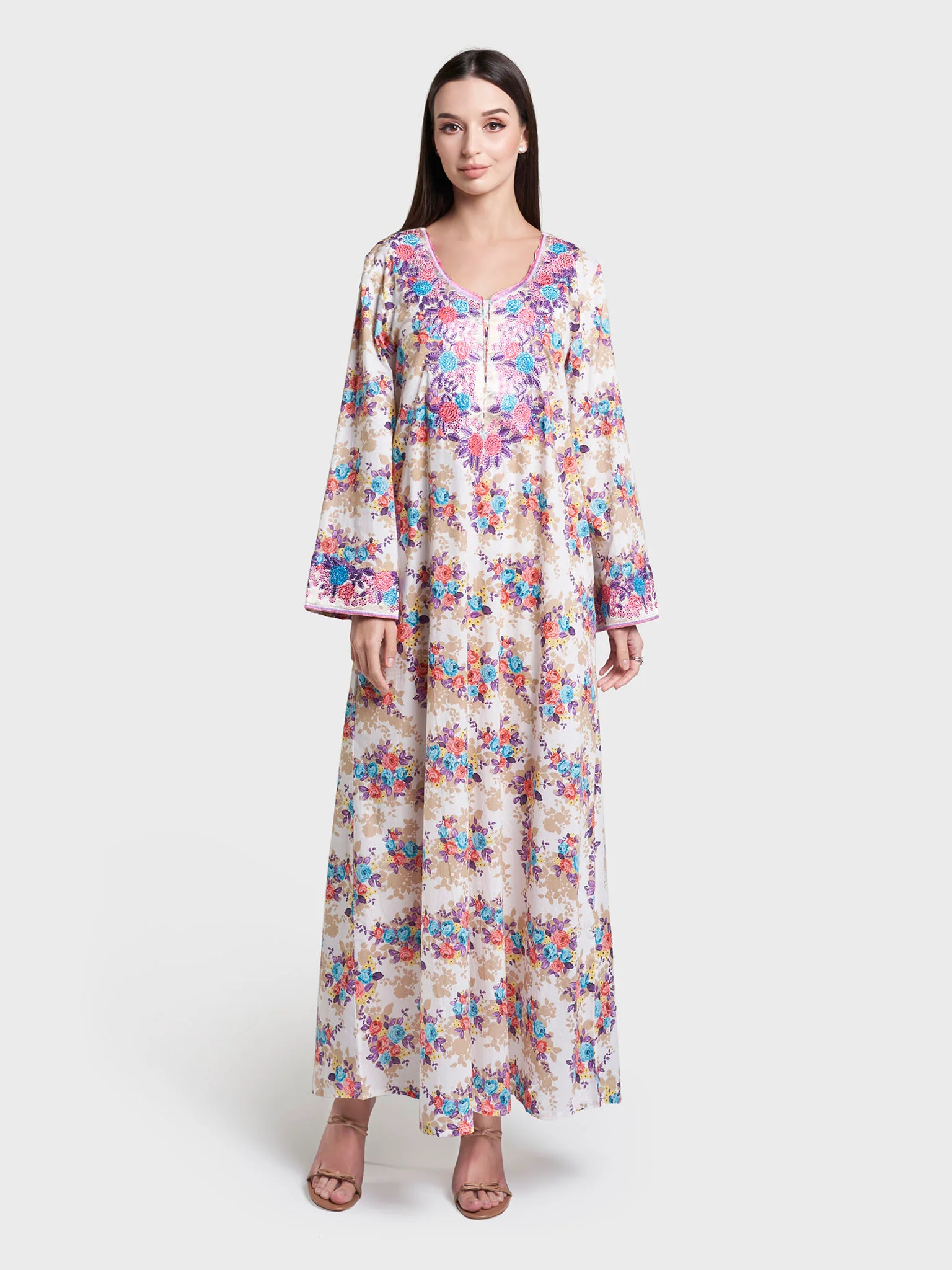 Liberty Cotton Olive Floral Print Mukhawar Jalabiya (VG2988) - Image 2