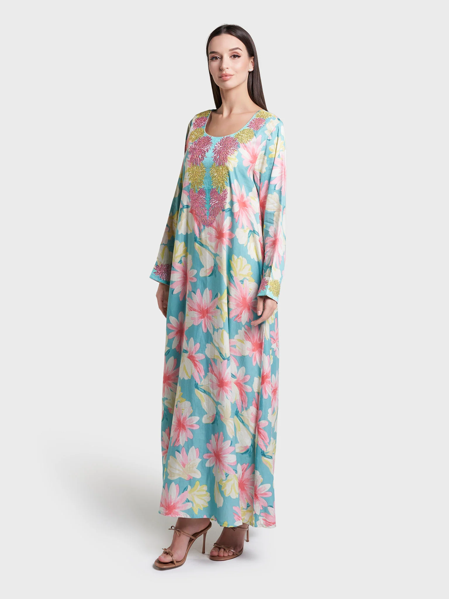 Sea Green Floral Print Stone Work Cotton Satin Jalabiya (VG3014) - Image 3
