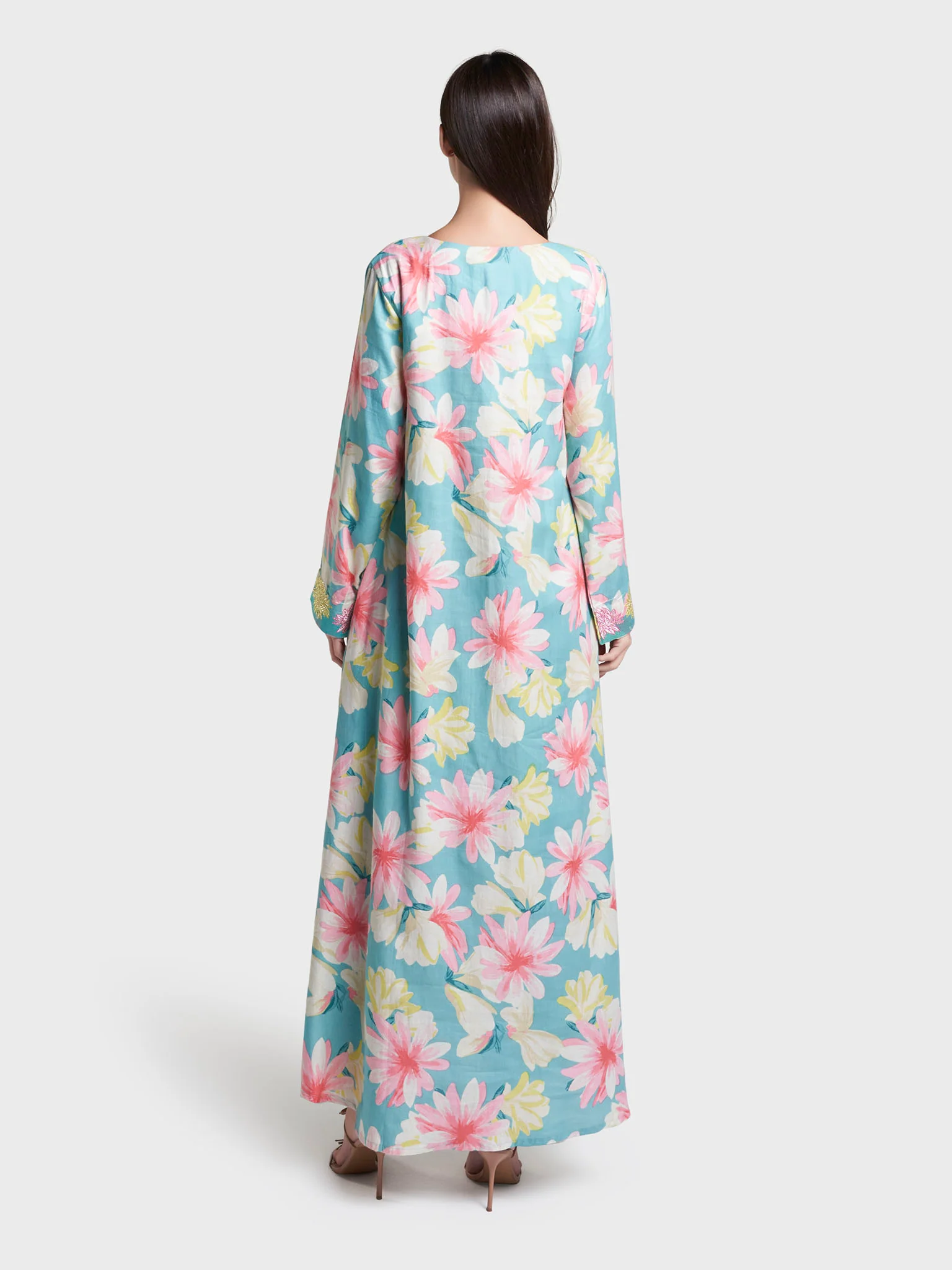 Sea Green Floral Print Stone Work Cotton Satin Jalabiya (VG3014) - Image 4