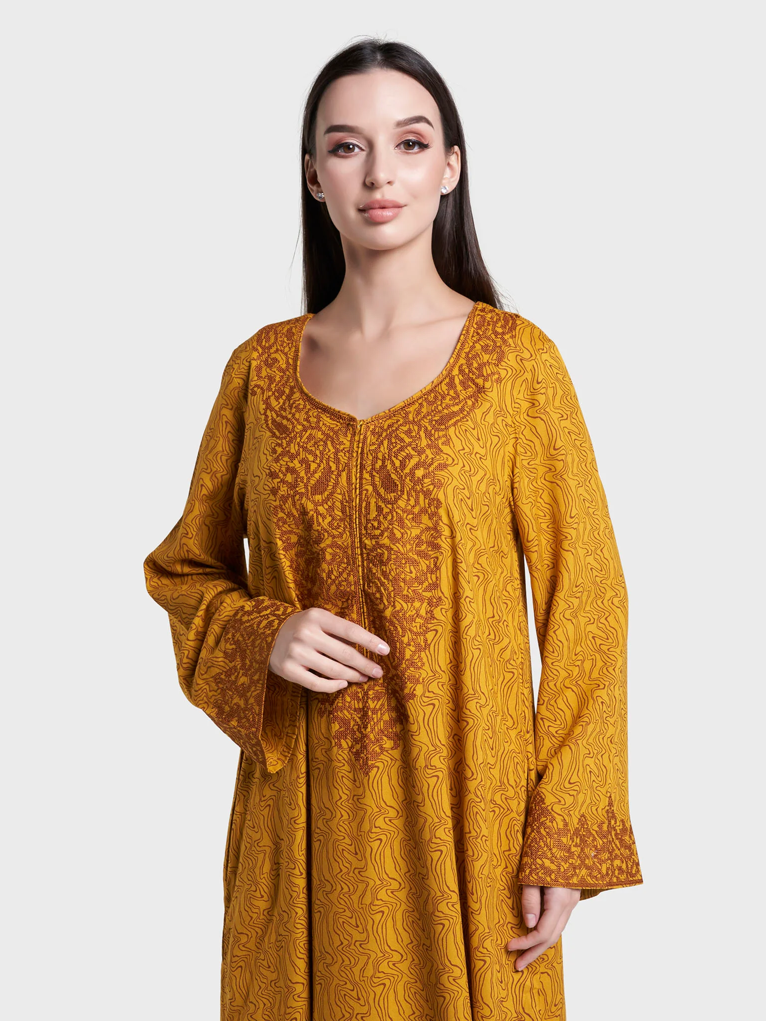 Mustard Abstract Print Cross Stitch Cotton Jalabiya (VG3035)