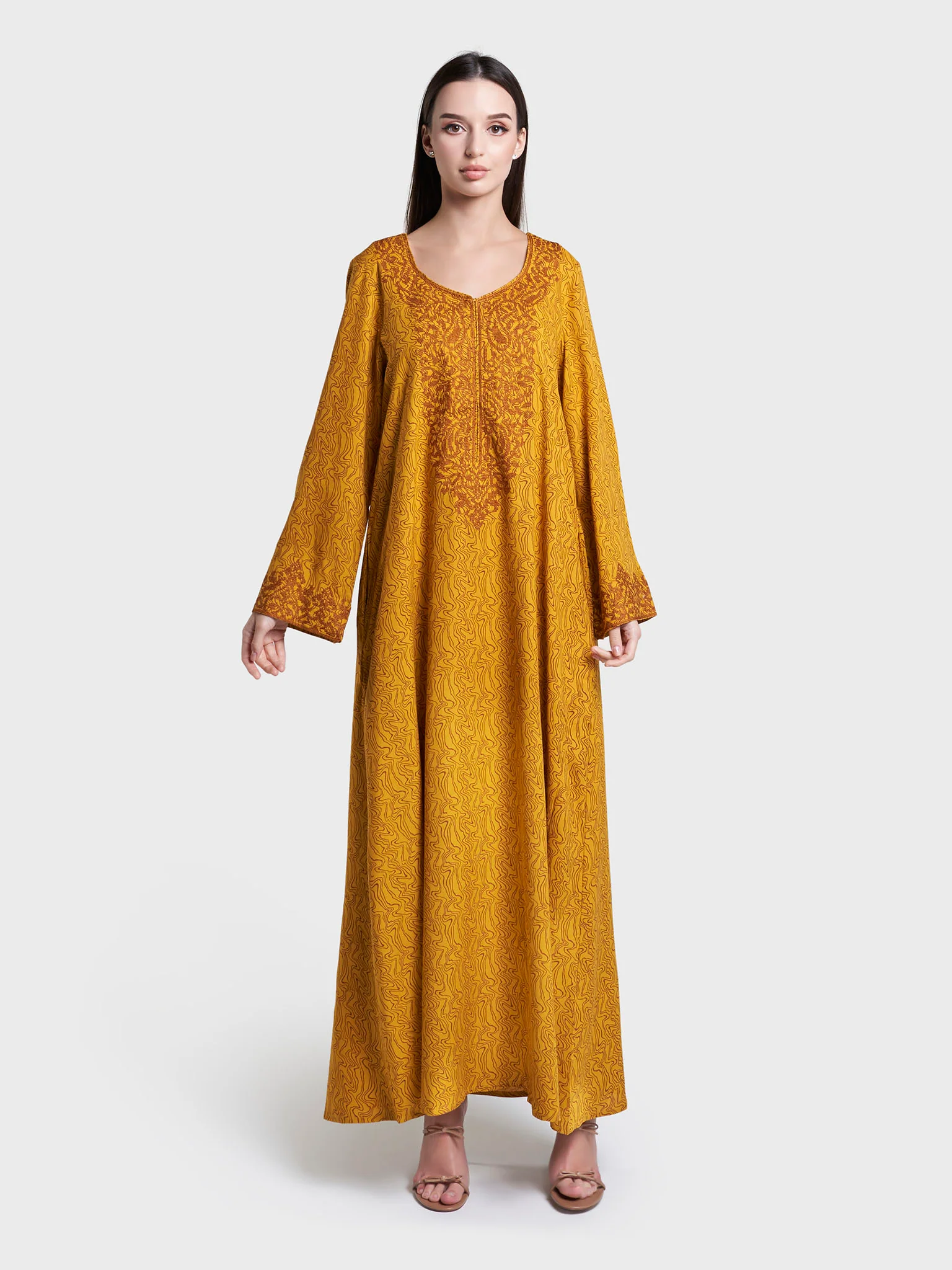 Mustard Abstract Print Cross Stitch Cotton Jalabiya (VG3035) - Image 2