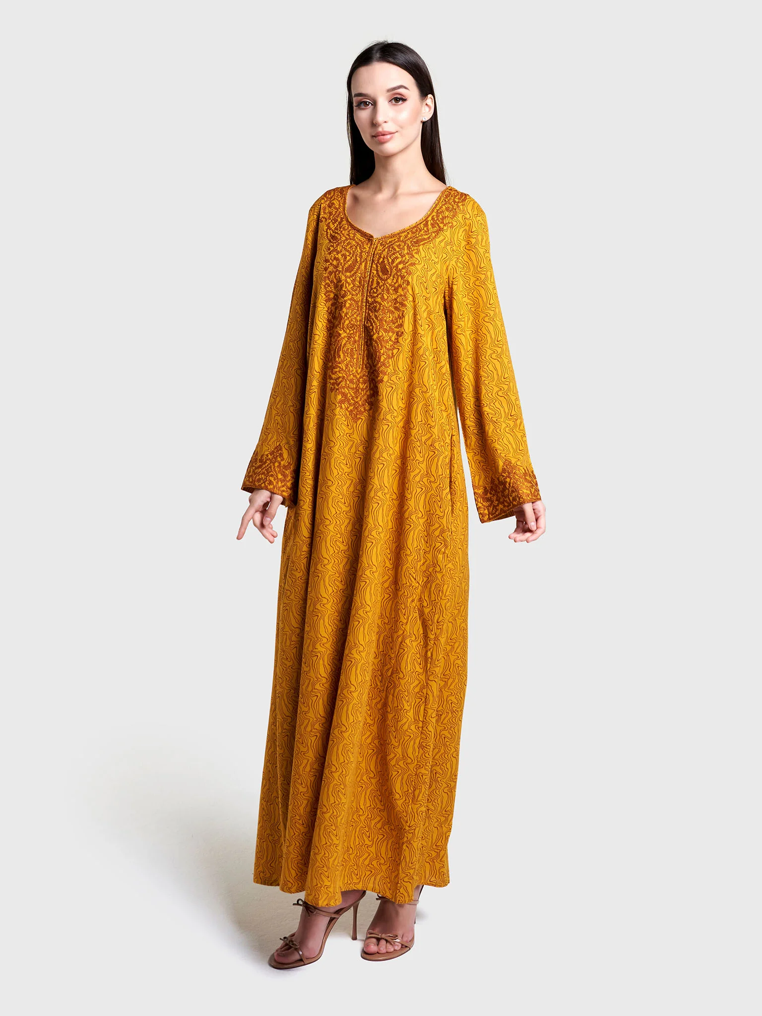 Mustard Abstract Print Cross Stitch Cotton Jalabiya (VG3035) - Image 3