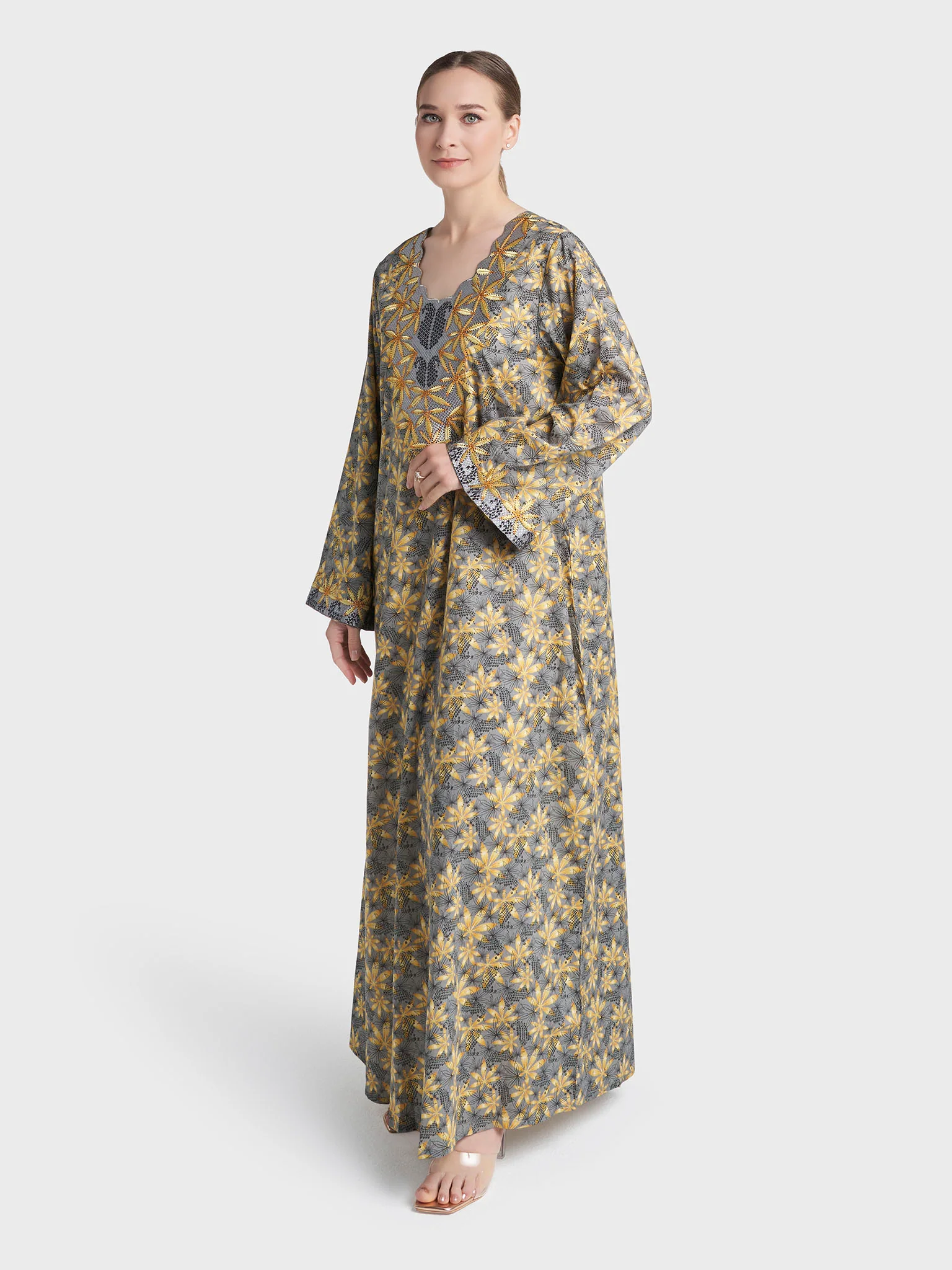 Liberty Cotton Grey Floral Print Mukhawar Jalabiya (VG3062) - Image 3