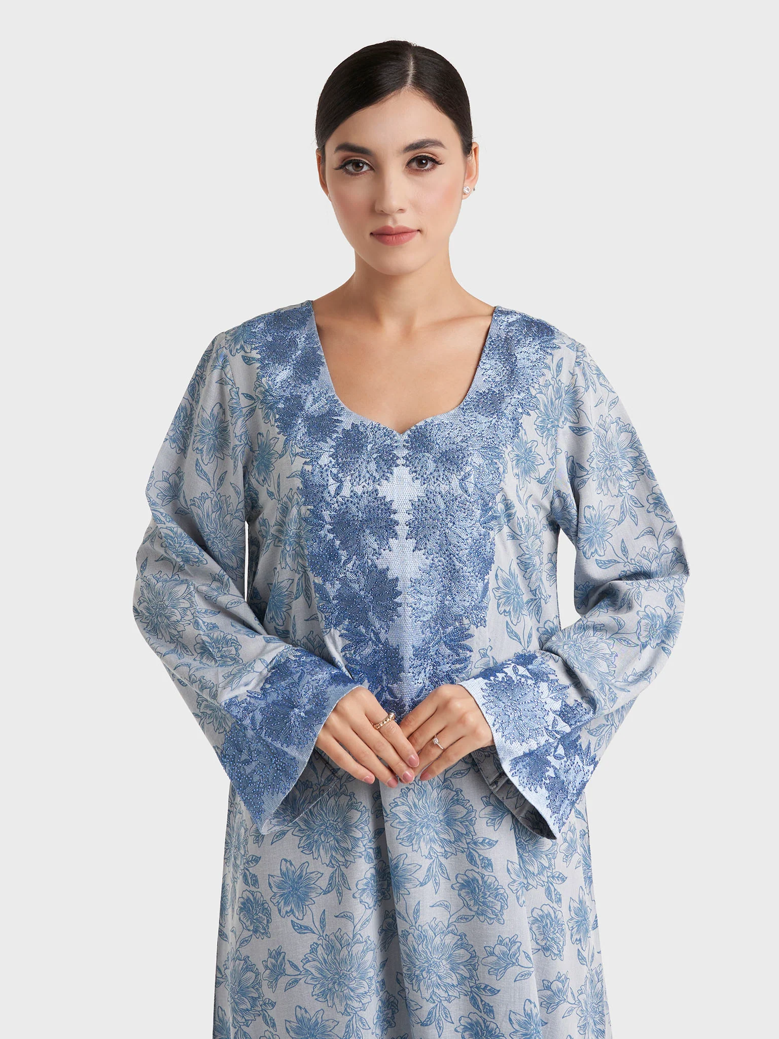 Blue Floral Print Machine Embroidered Jalabiya (VG3190)