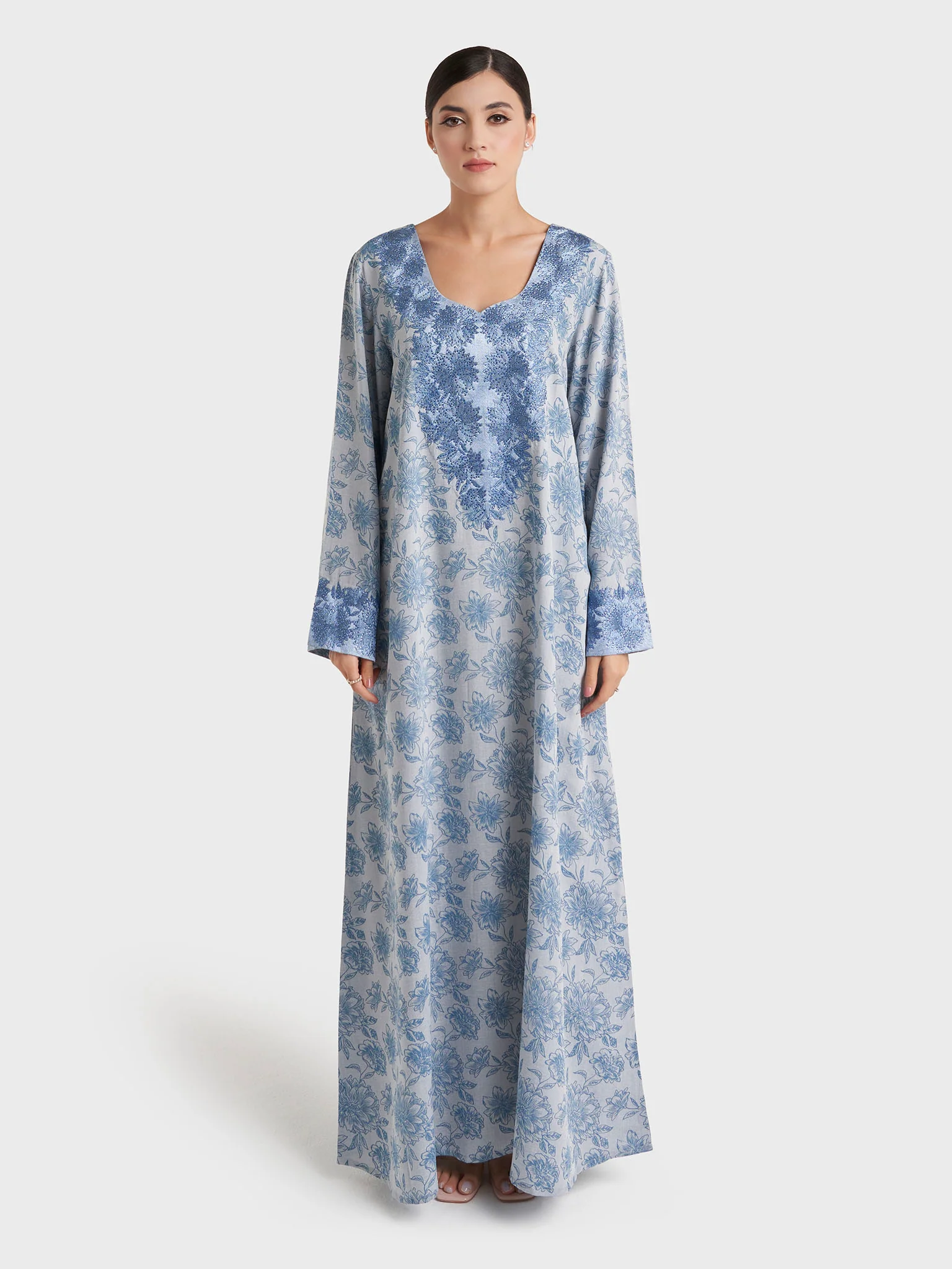 Blue Floral Print Machine Embroidered Jalabiya (VG3190) - Image 2