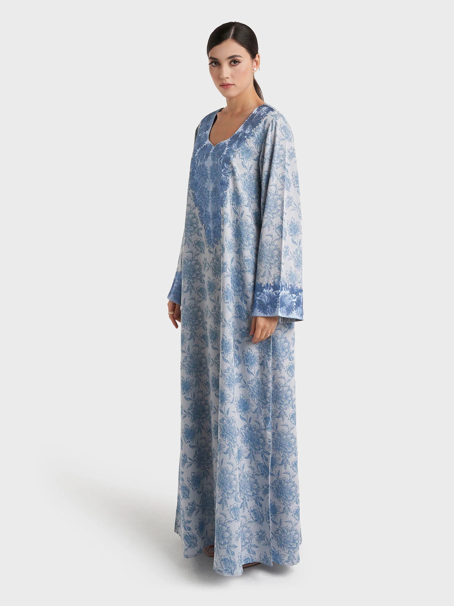 Blue Floral Print Machine Embroidered Jalabiya (VG3190) - Image 3