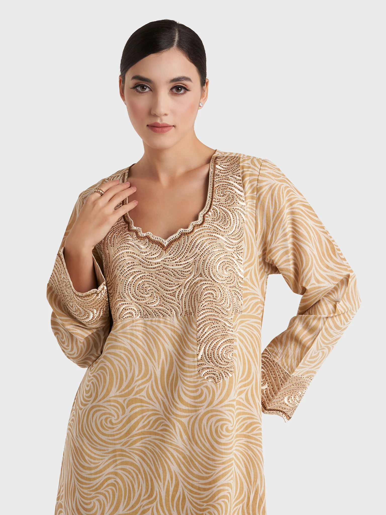 Light Brown Abstract Stripe Print Jalabiya (VG3196)