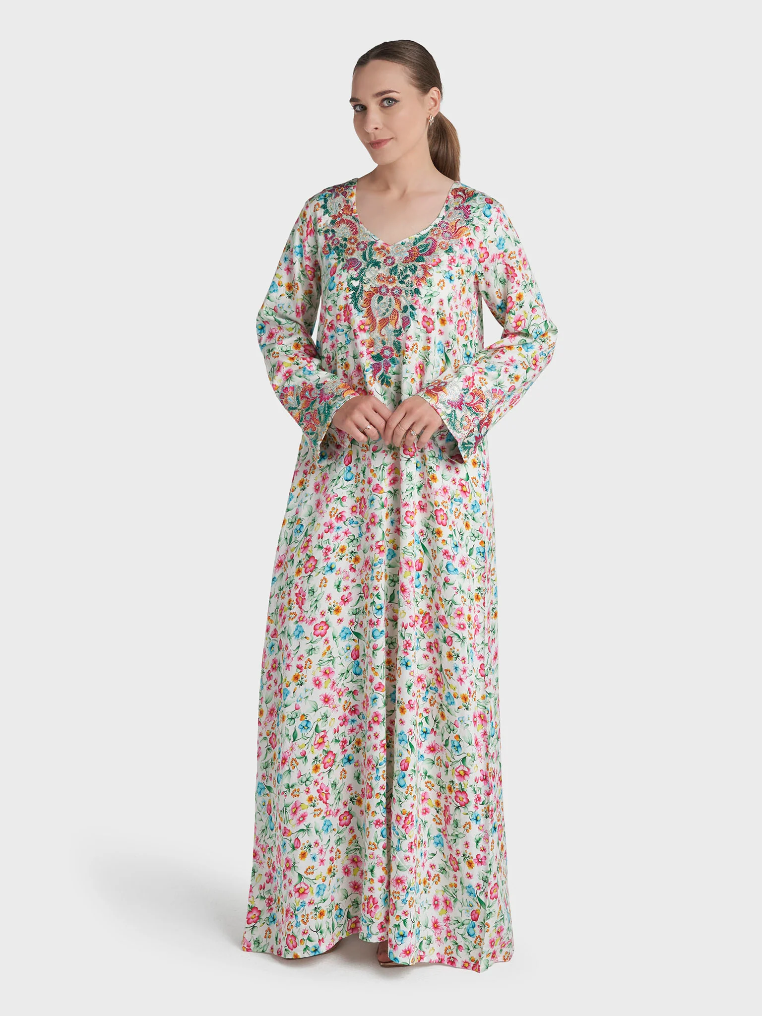 Multi Colour Stone Work Cotton Satin Floral Printed Jalabiya (VG3211) - Image 3