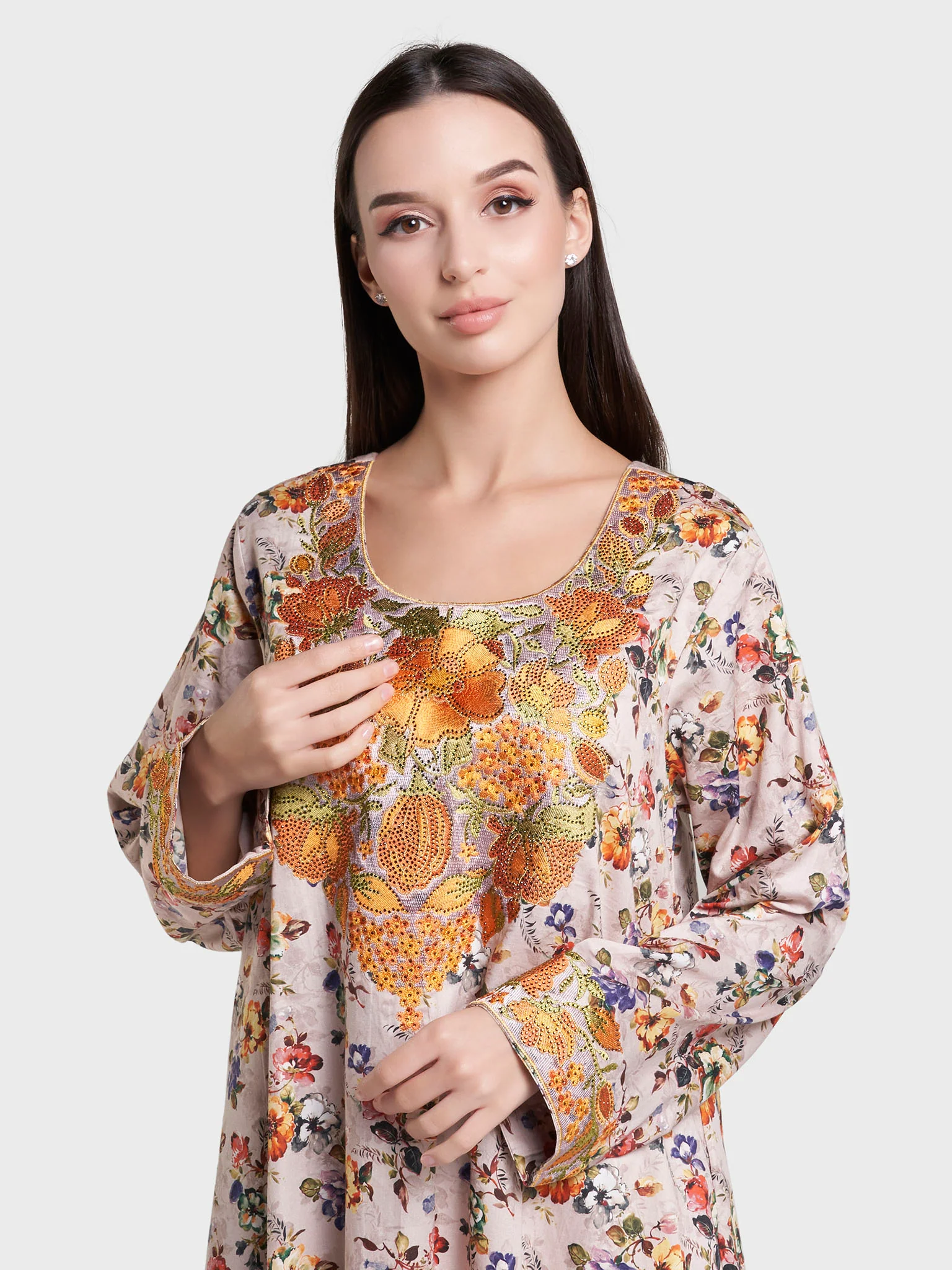 Beige Floral Print Cotton Satin Mukhawar Jalabiya (VG3248)