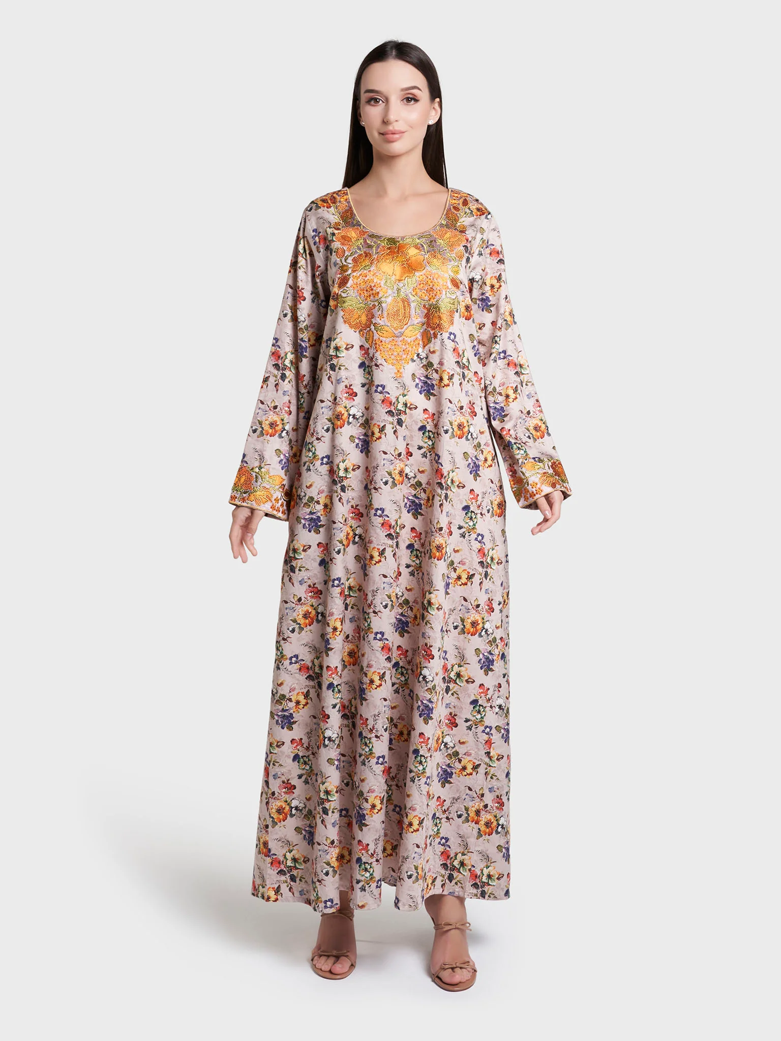 Beige Floral Print Cotton Satin Mukhawar Jalabiya (VG3248) - Image 2