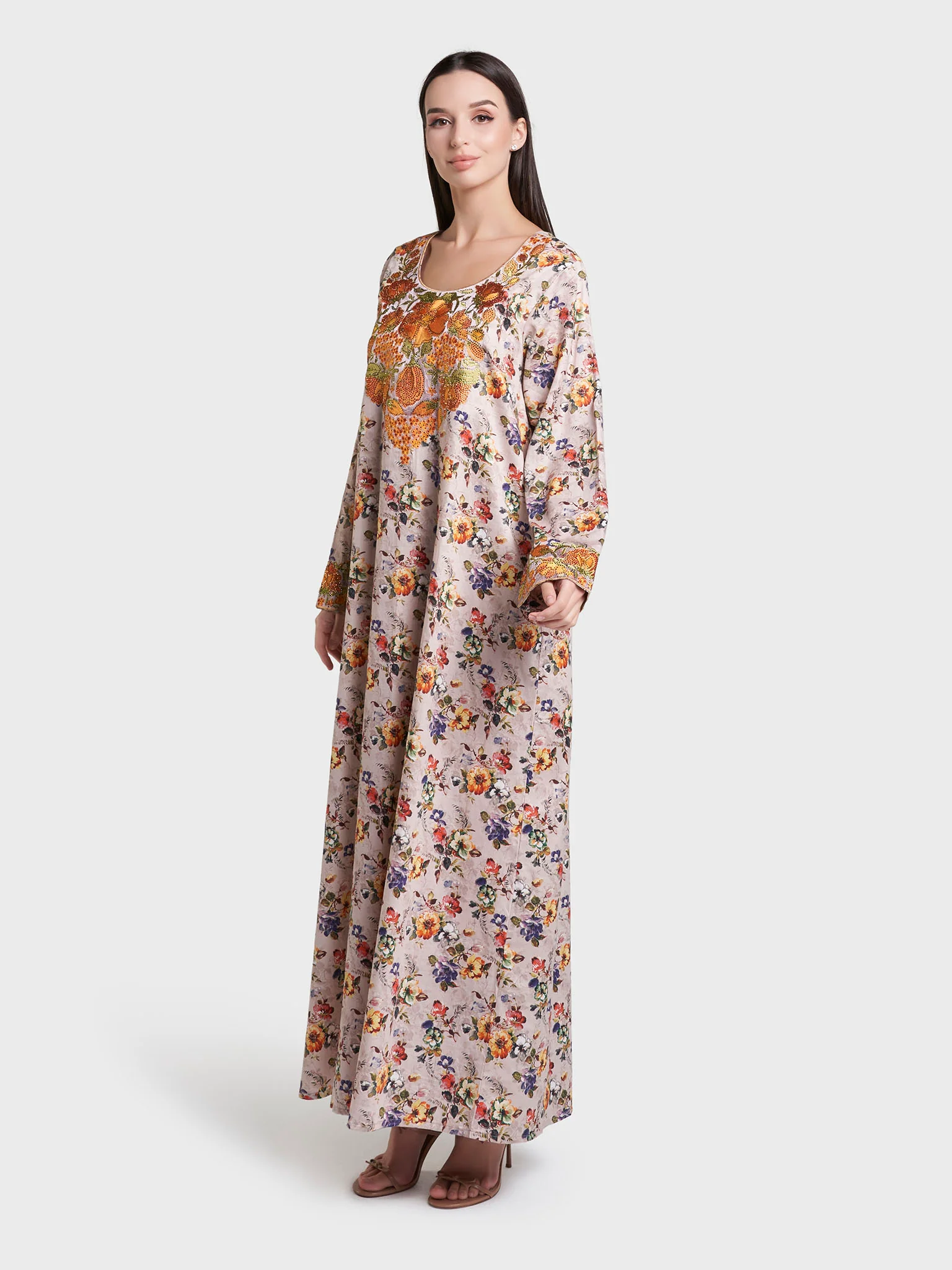 Beige Floral Print Cotton Satin Mukhawar Jalabiya (VG3248) - Image 3