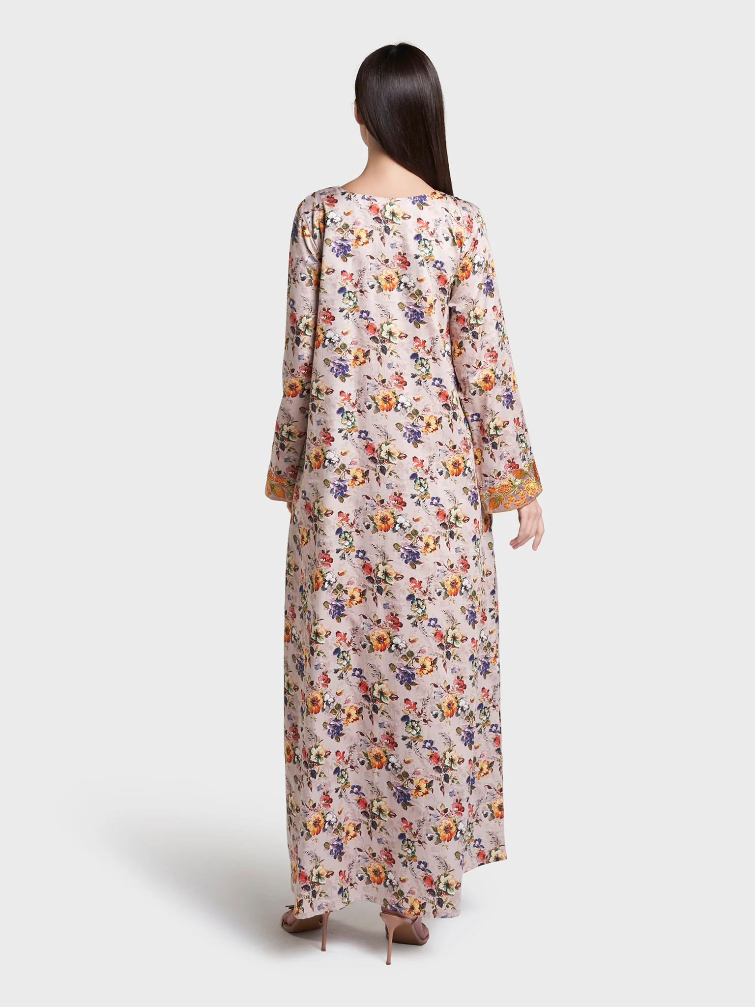 Beige Floral Print Cotton Satin Mukhawar Jalabiya (VG3248) - Image 4