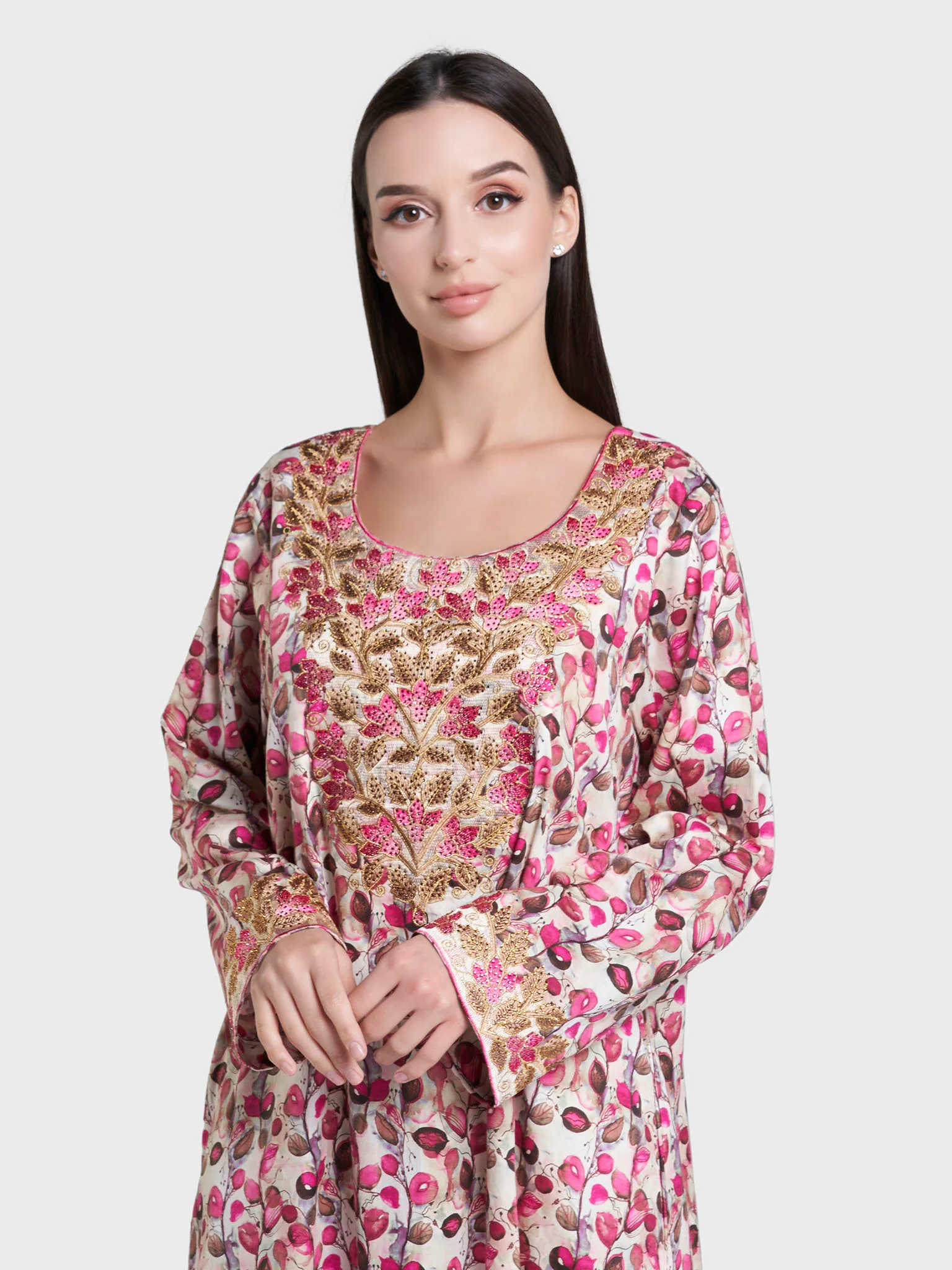 Dark Pink Floral Print Cotton Satin Mukhawar Jalabiya (VG3249)