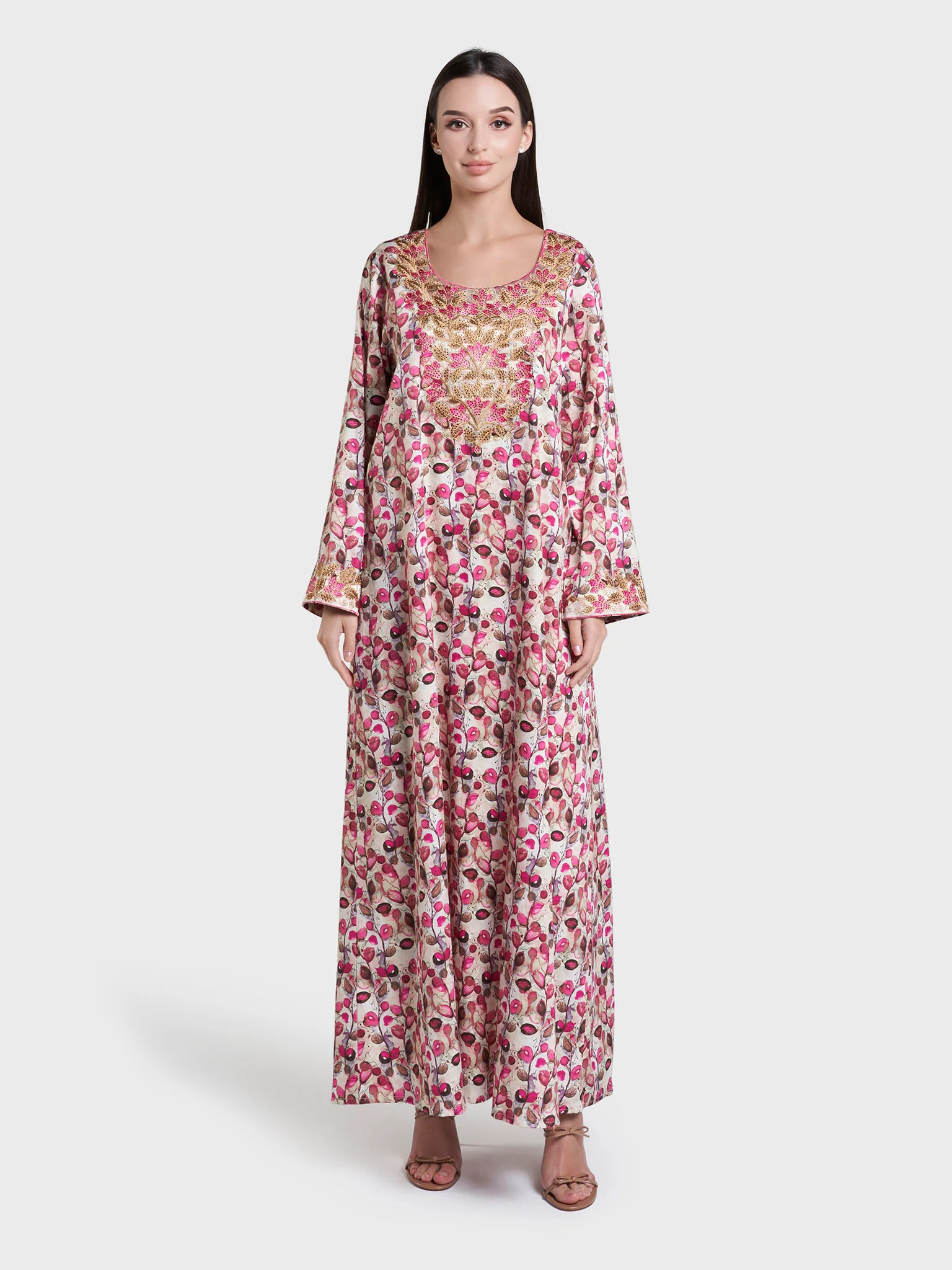 Dark Pink Floral Print Cotton Satin Mukhawar Jalabiya (VG3249) - Image 2