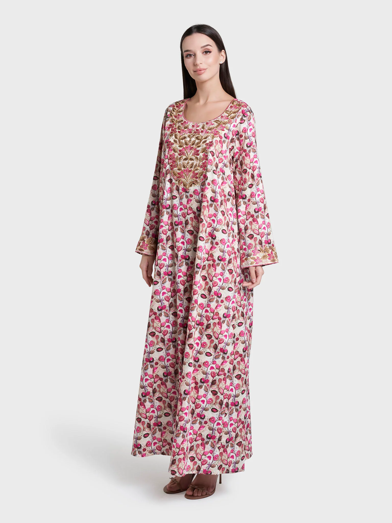Dark Pink Floral Print Cotton Satin Mukhawar Jalabiya (VG3249) - Image 3