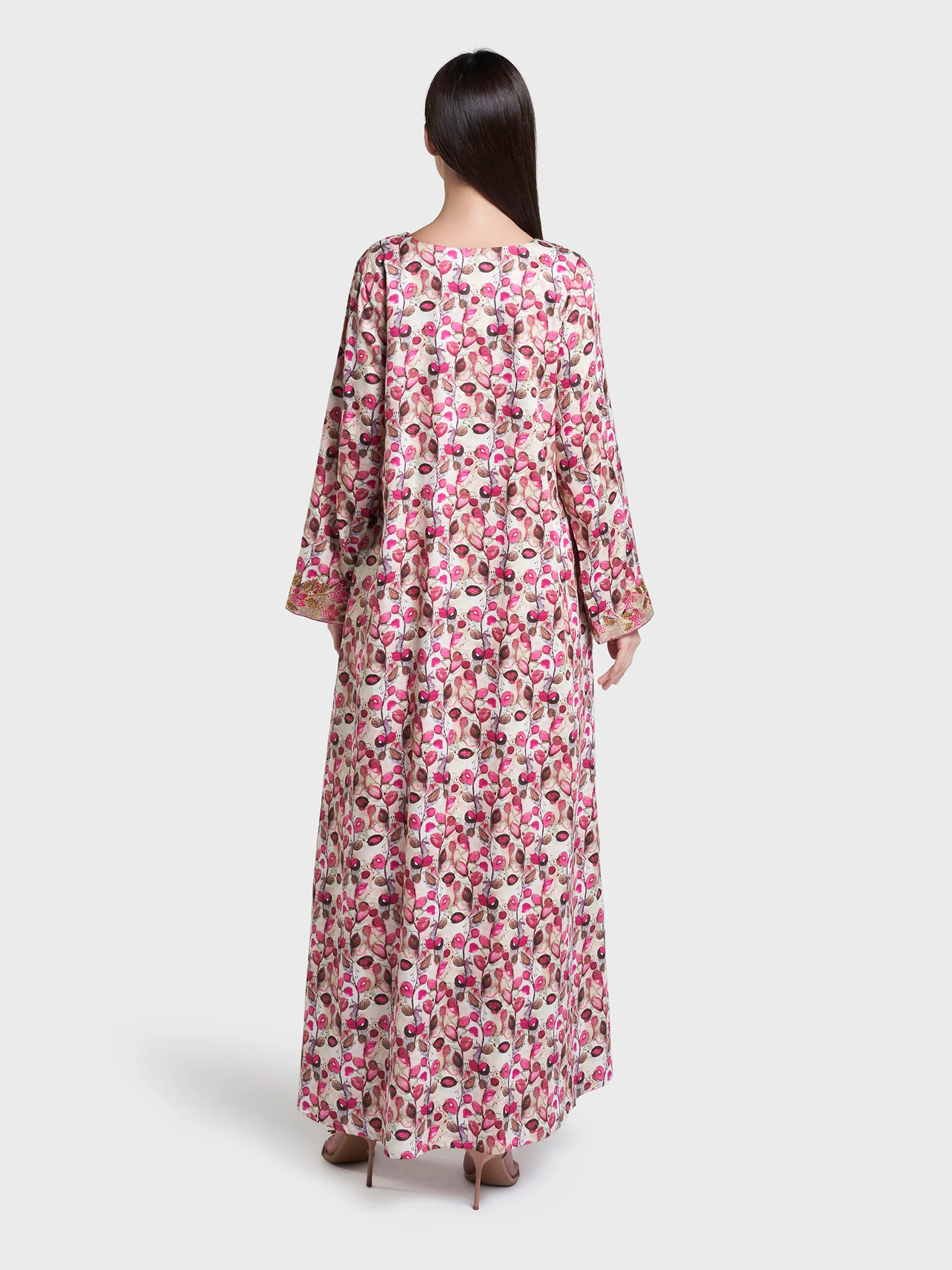 Dark Pink Floral Print Cotton Satin Mukhawar Jalabiya (VG3249) - Image 4
